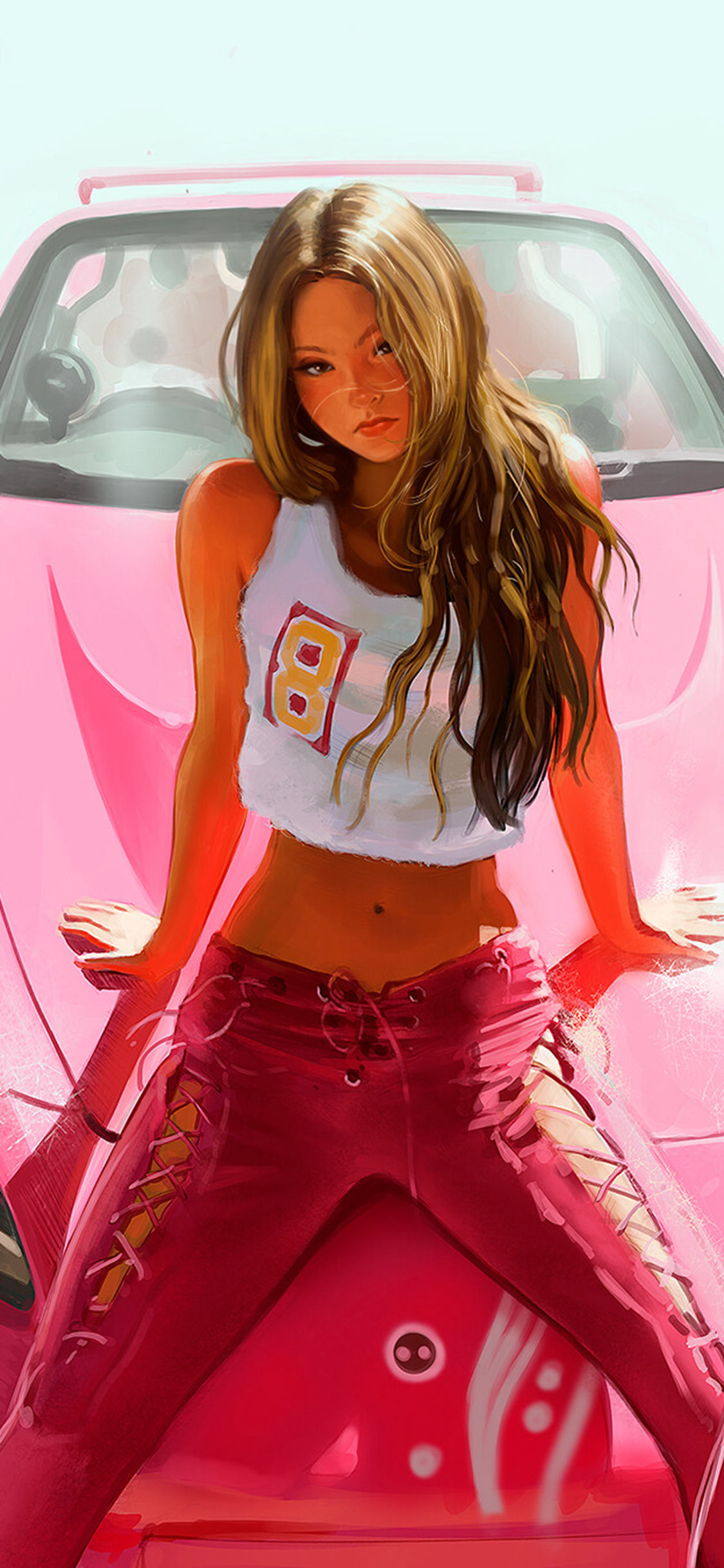 坐在粉红跑车引擎盖上的性感动漫欧美女生