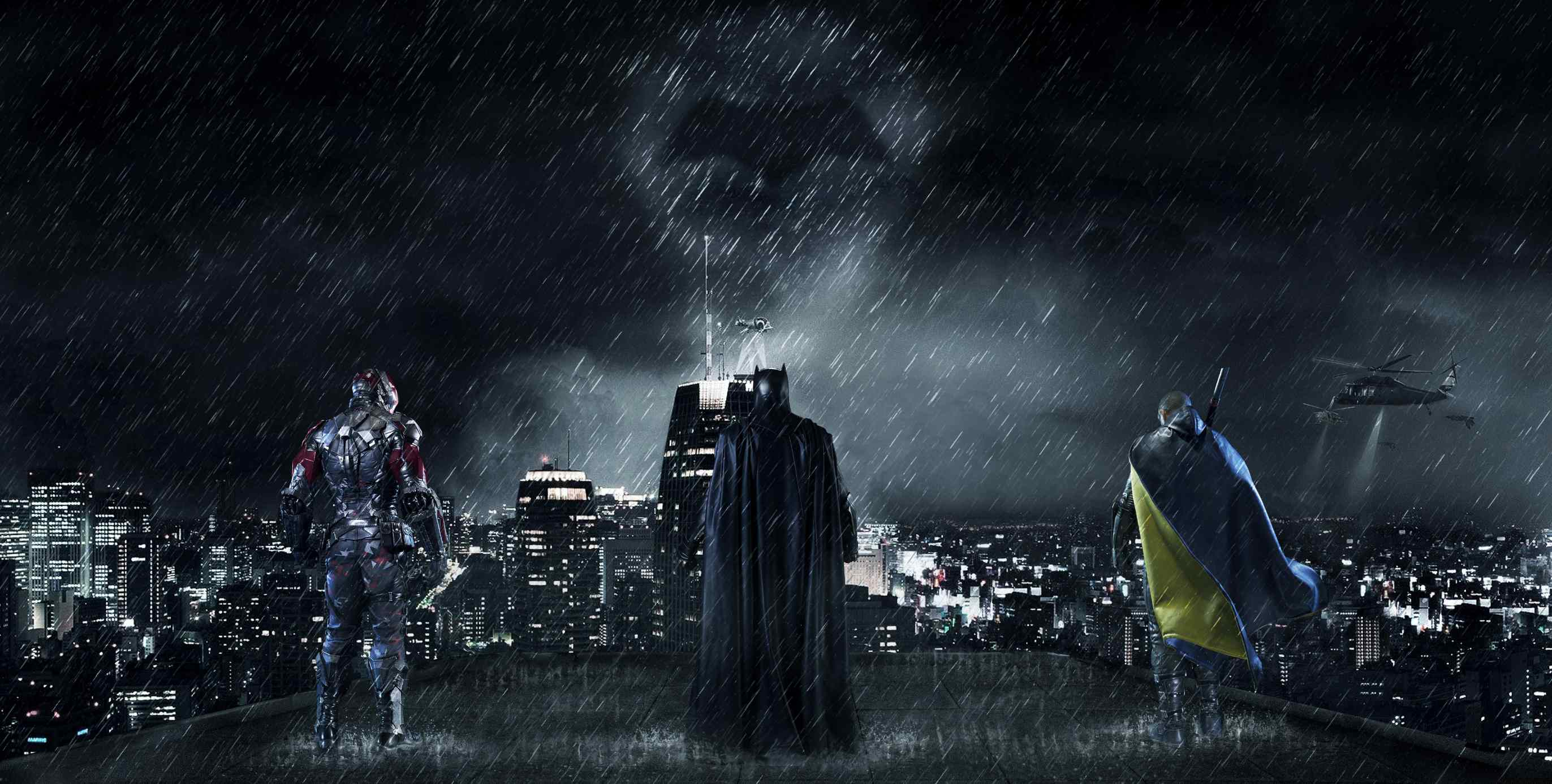 站在城市漫天大雨下的蝙蝠侠4K背景
