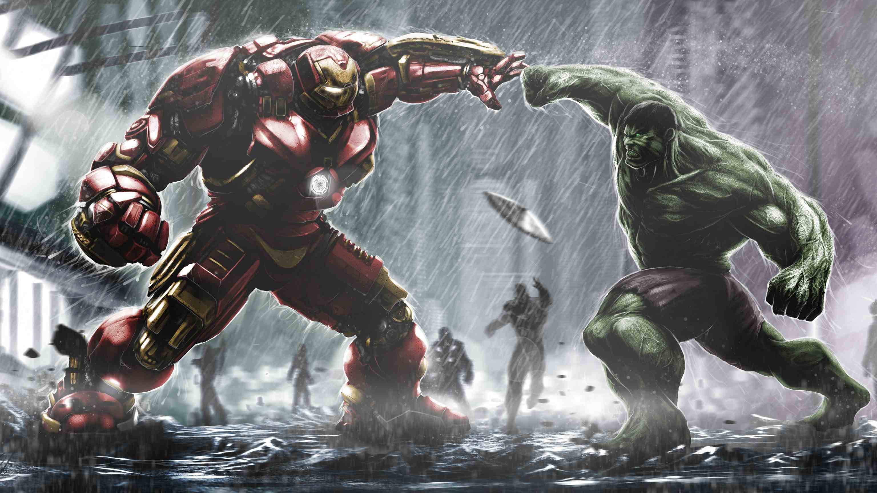 钢铁侠VS绿巨人4K壁纸 下雨背景