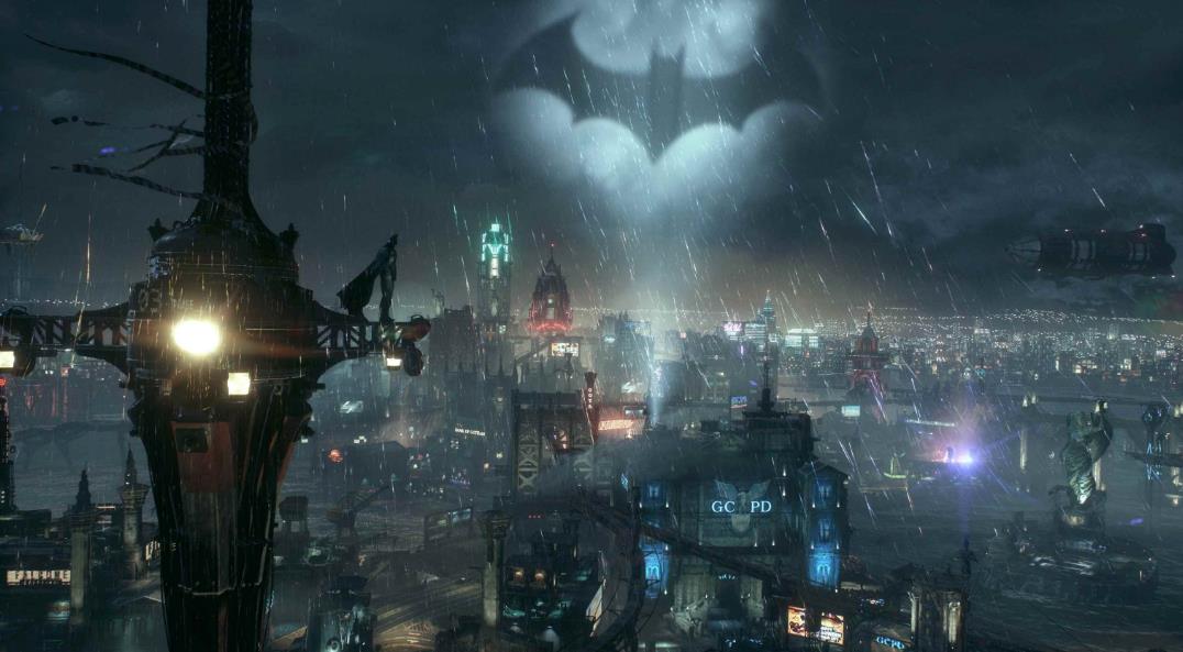 站在灯塔上的蝙蝠侠图片 赛博朋克风格城市壁纸