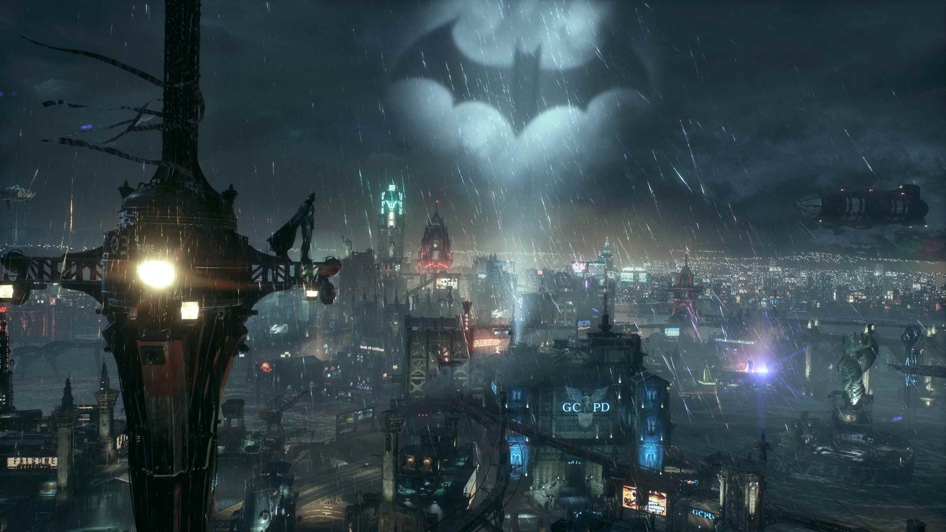 站在灯塔上的蝙蝠侠图片 赛博朋克风格城市壁纸