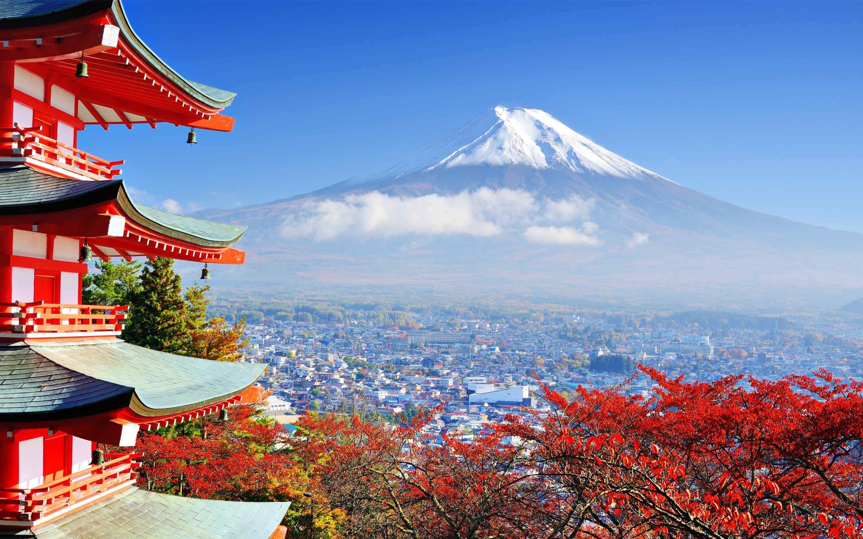 高清唯美富士山+古楼建筑壁纸