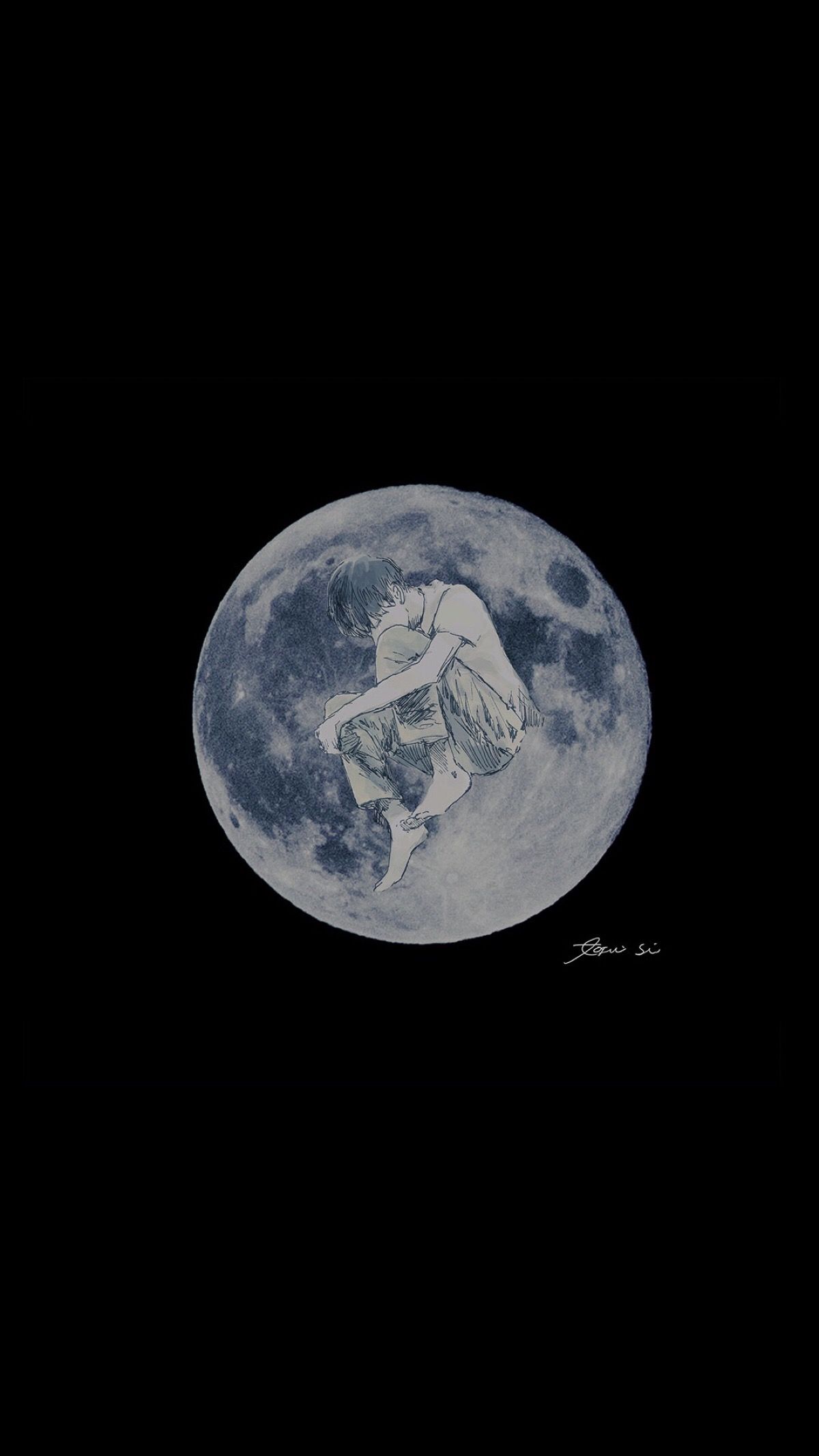 纯黑色背景 月亮上的一个手绘少年手机壁纸
