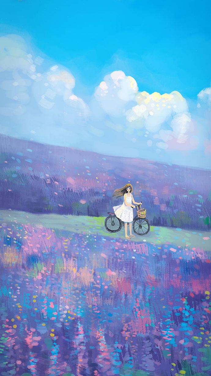唯美手绘紫色花海中的单车美女清新手机壁纸