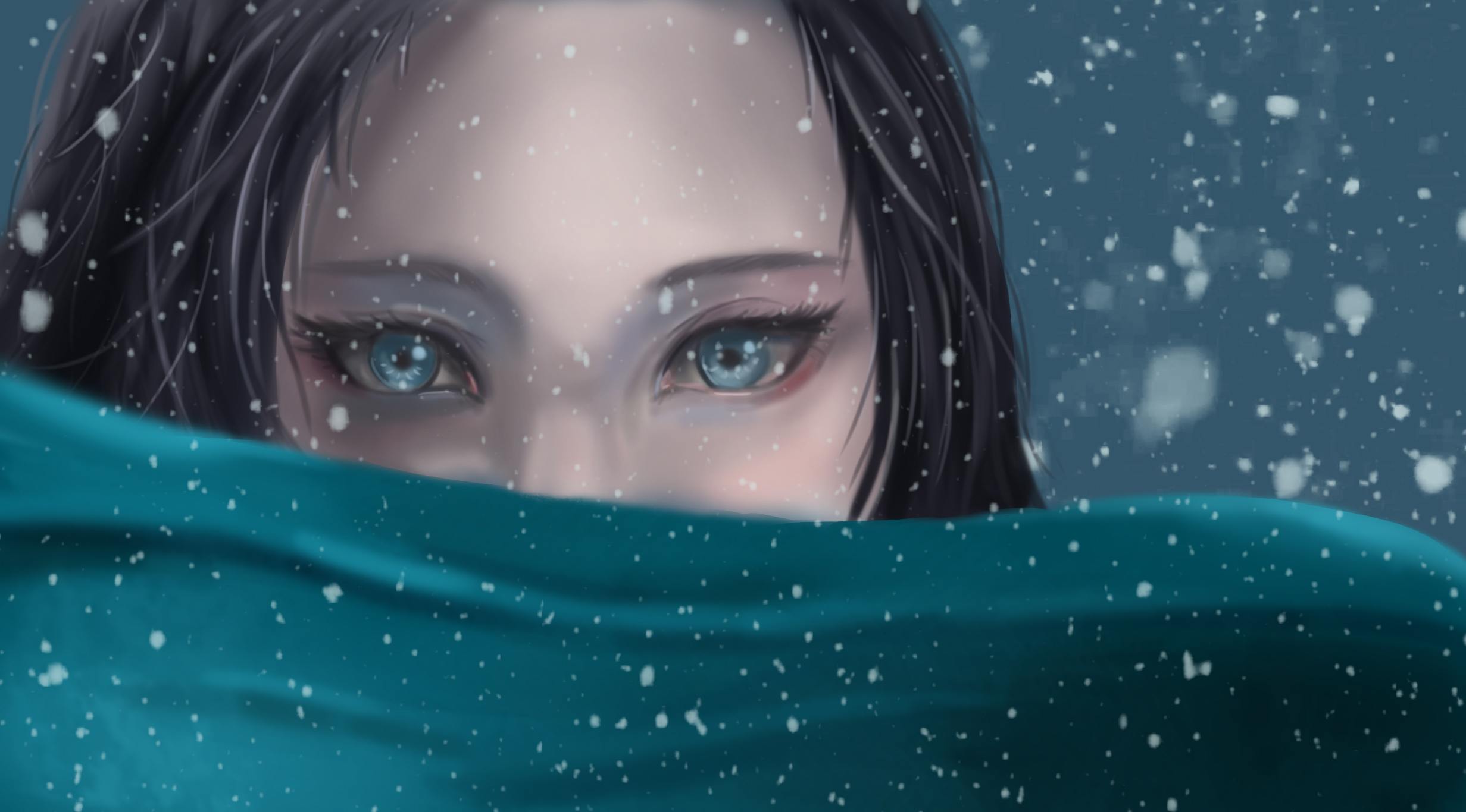 雪花飘落 蓝色眼睛的动漫女孩