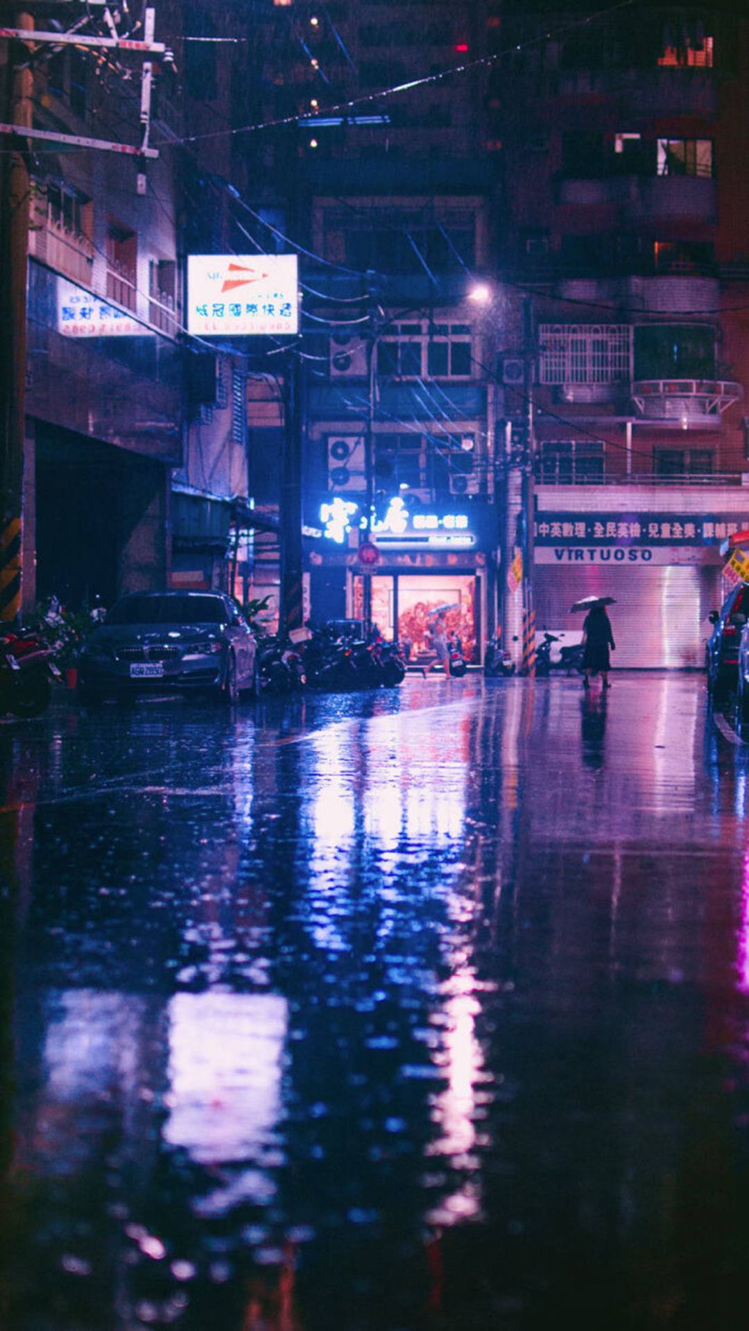 雨中的城市街道夜景风景手机壁纸