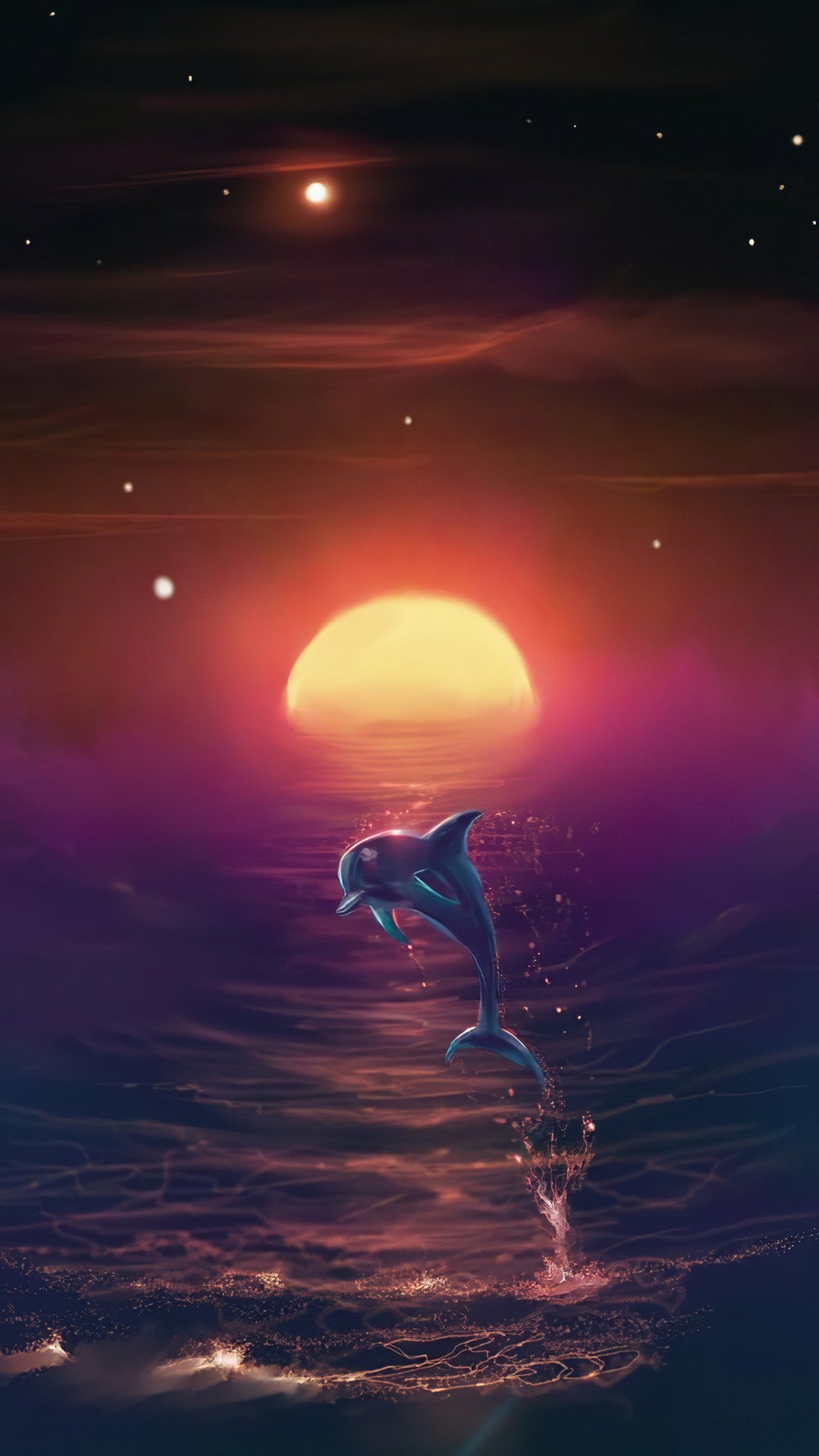 夕阳海面上飞起的海豚梦幻手机壁纸