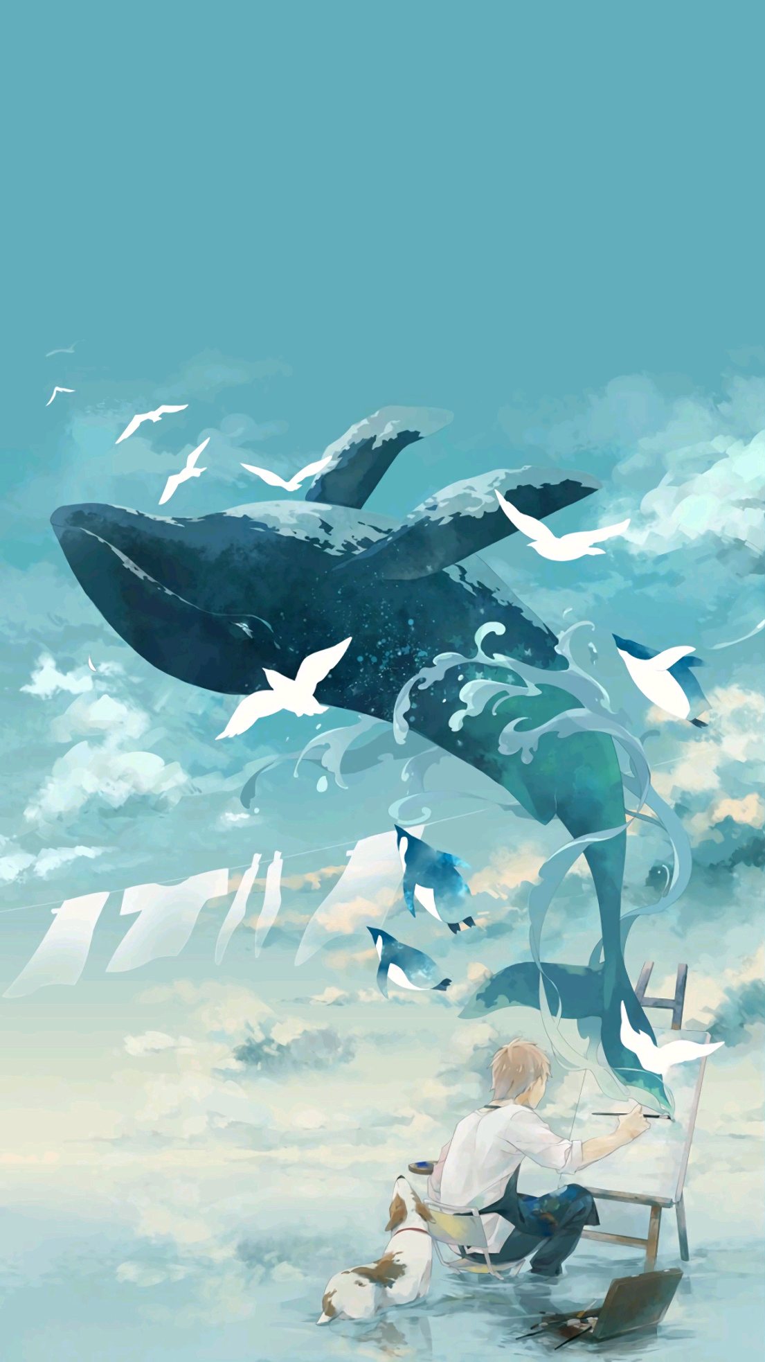 清新 护眼 飞跃翻身的鲸鱼唯美手绘手机壁纸