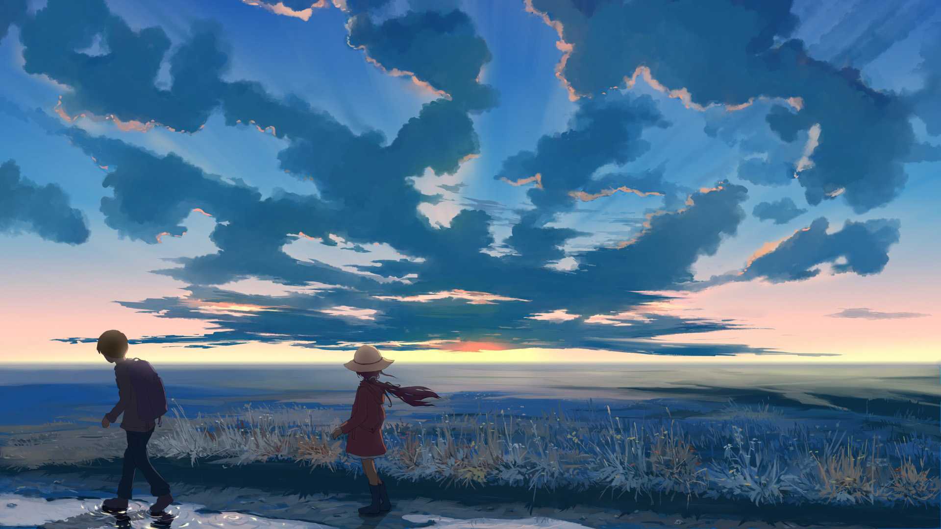女孩,男孩,帽子,天空,云,浪漫风景动漫桌面壁纸