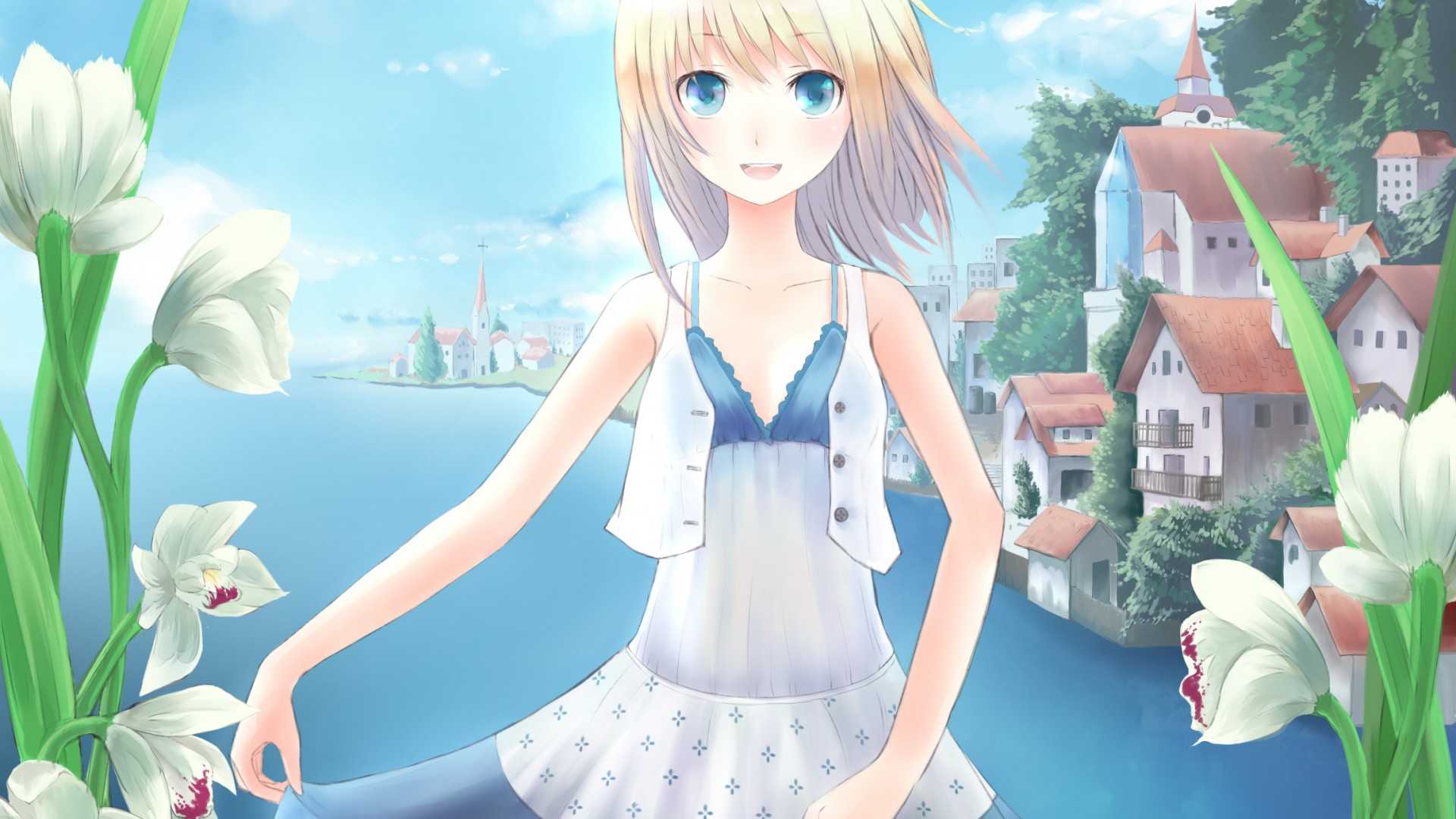 蓝色眼睛女孩,城市,大海,鲜花,天空,好看动漫风景女孩电脑壁纸