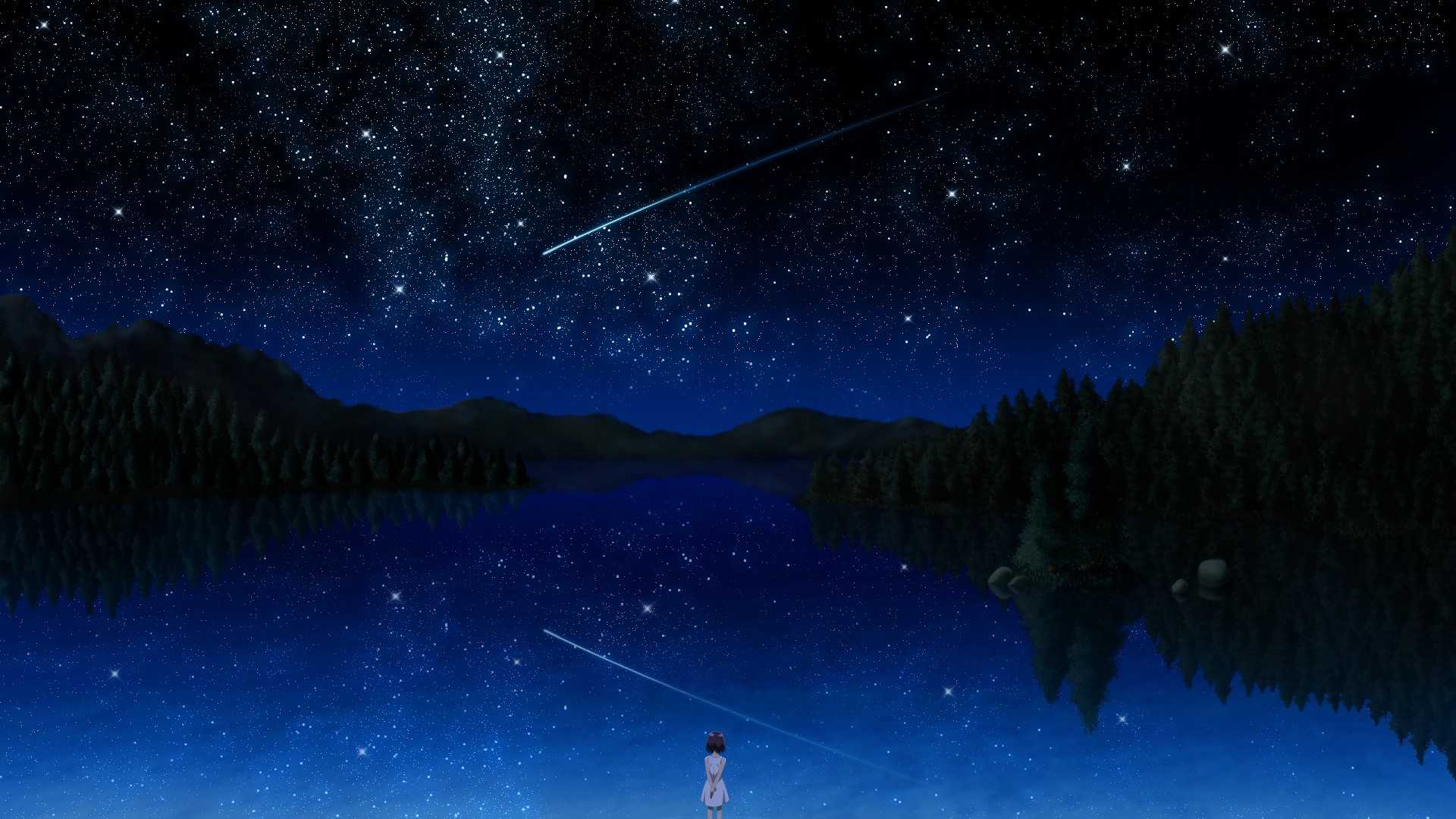黑夜,天空,星星,小女孩,森林,湖,动漫电脑壁纸