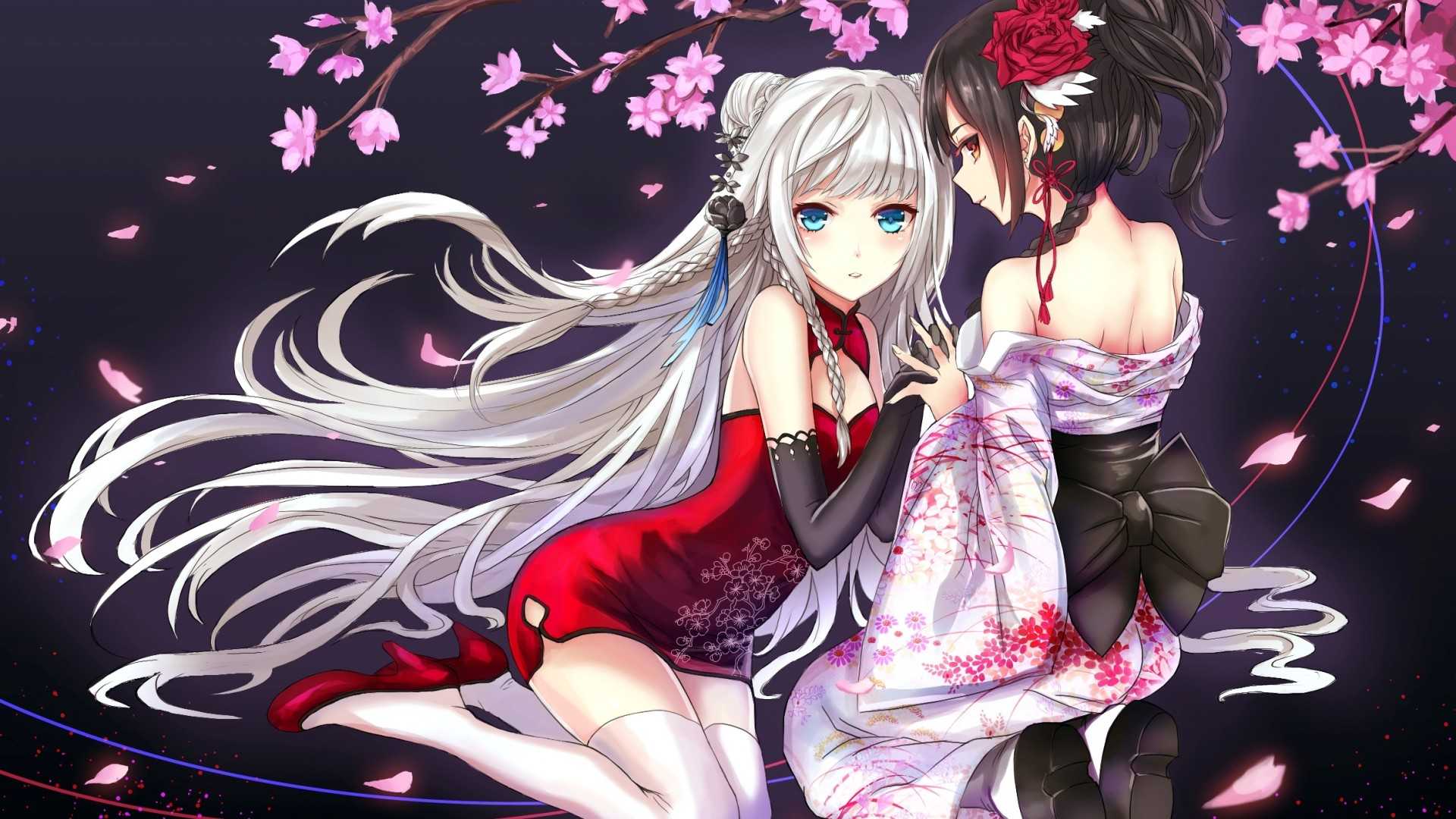 两个女孩,樱花,和服裙子,动漫美少女壁纸
