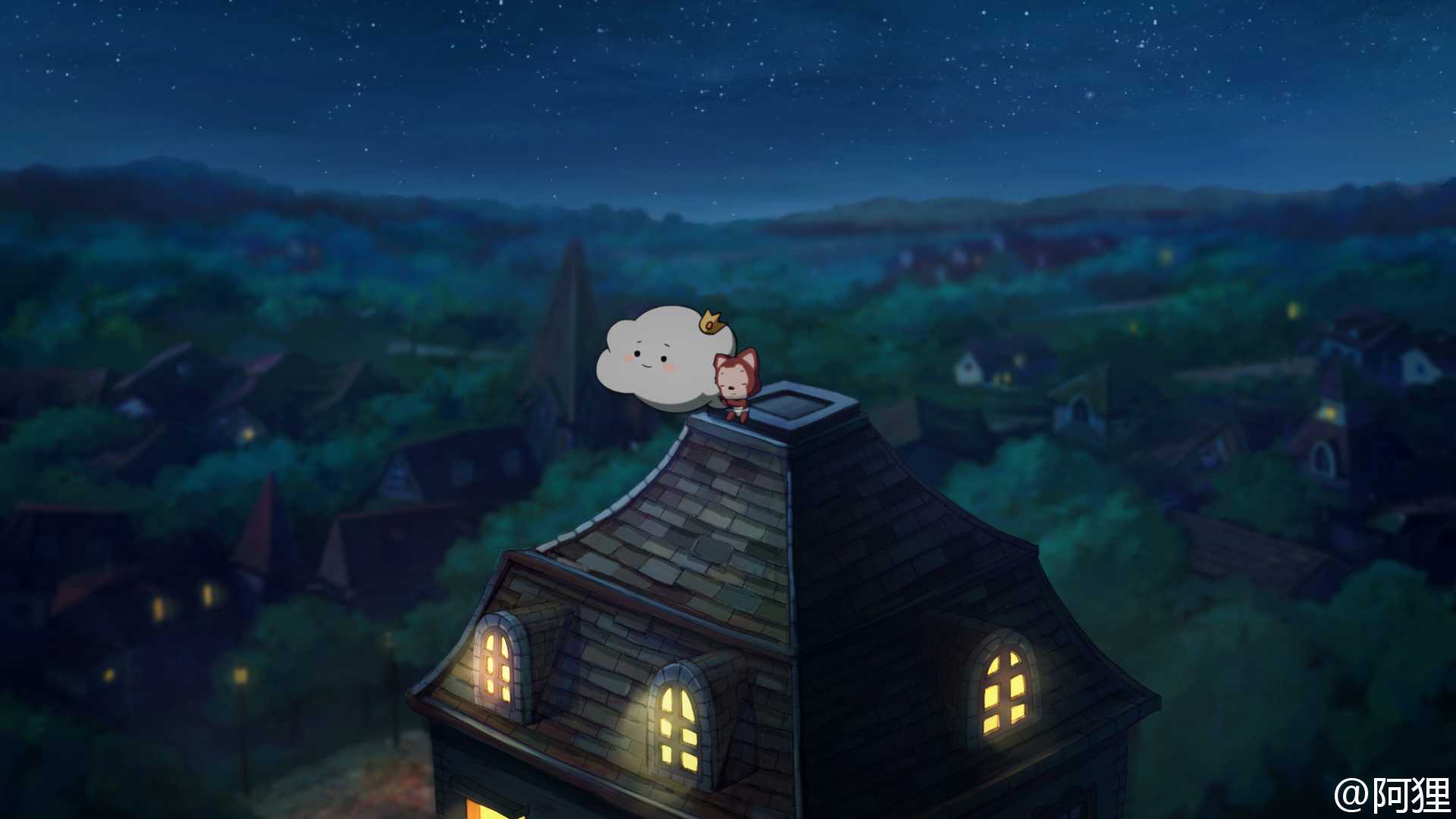 阿狸，夜晚，宁静，屋顶，可爱，云，星星，壁纸