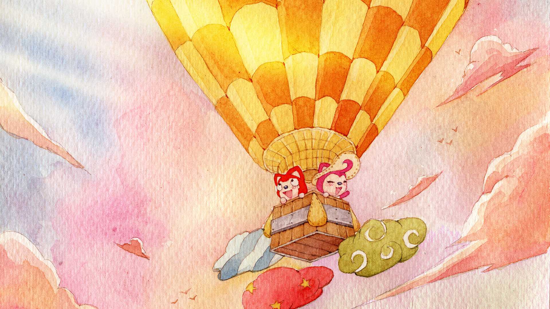 阿狸桃子,可爱,冒险,热气球,云彩,桌面壁纸