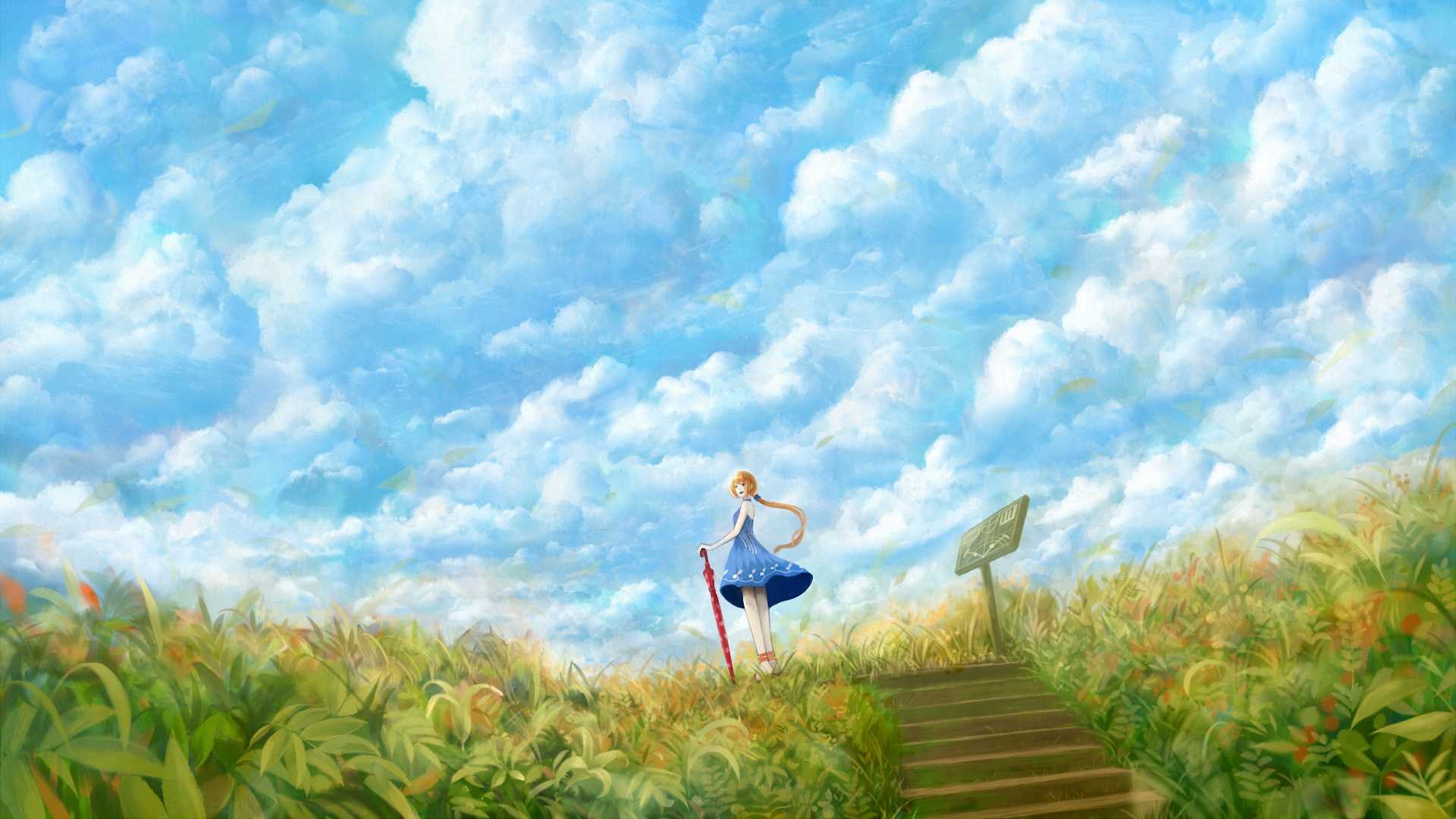 女孩，花场，天空，云朵，唯美动漫少女壁纸