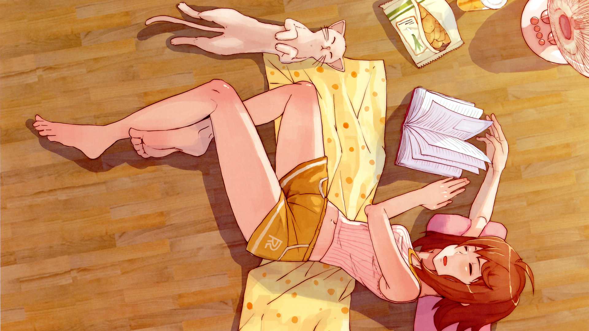 女孩，猫，地板，书籍，睡眠，可爱