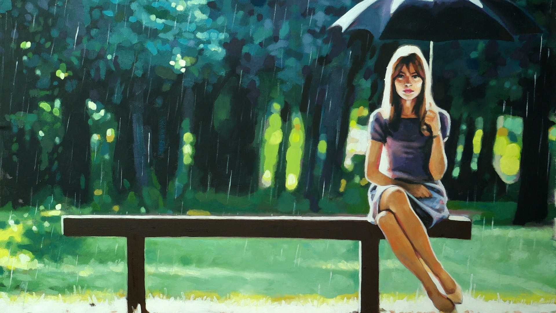 托马斯，雨，女孩，雨伞，森林，凳子，绘画，精美壁纸