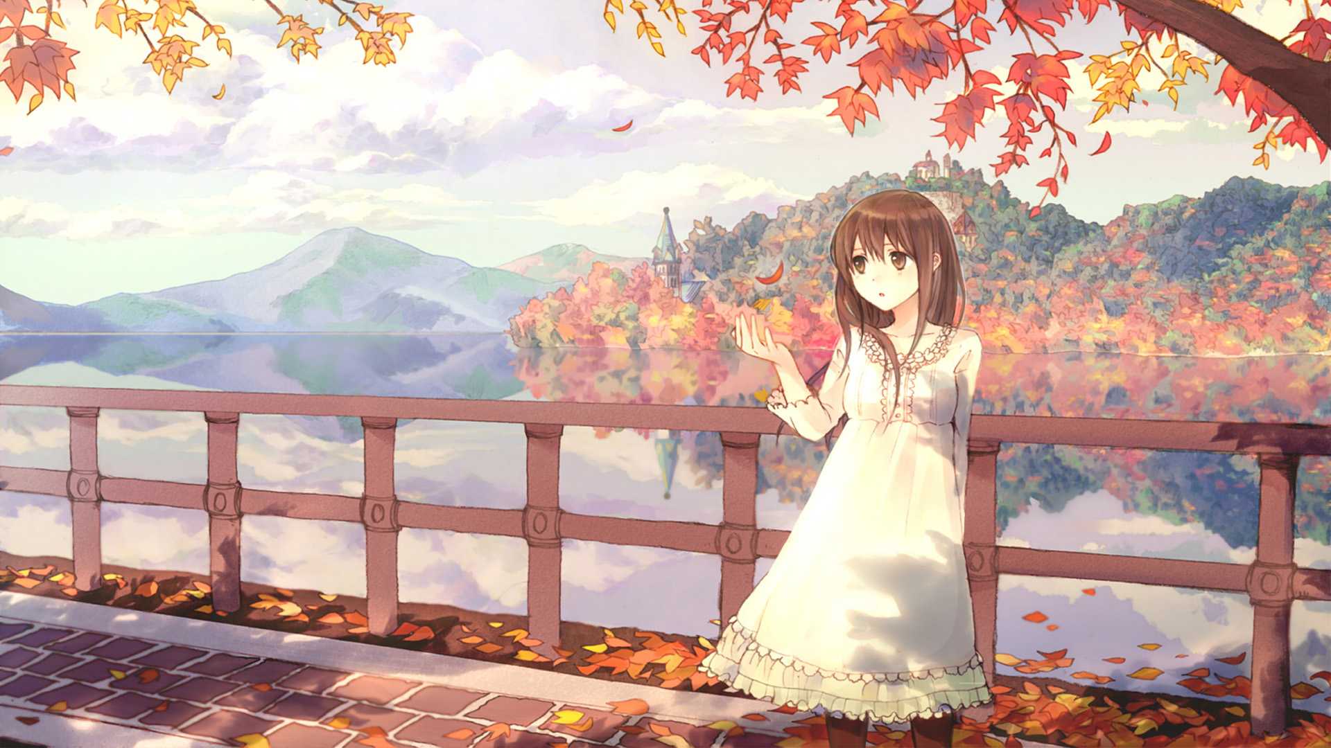 秋天的动漫风景,可爱女生,桌面壁纸