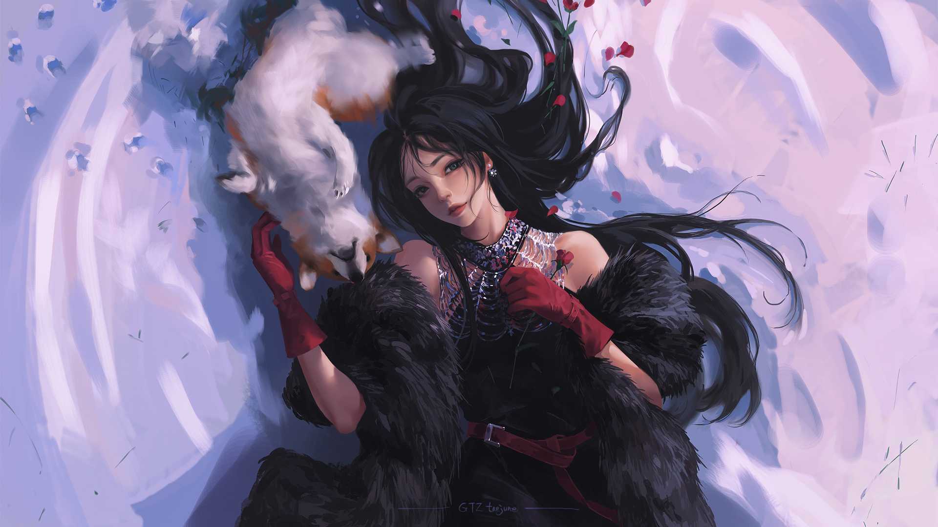 冬天躺在雪地上的女子 黑色皮草 红色手套 小狗 高清
