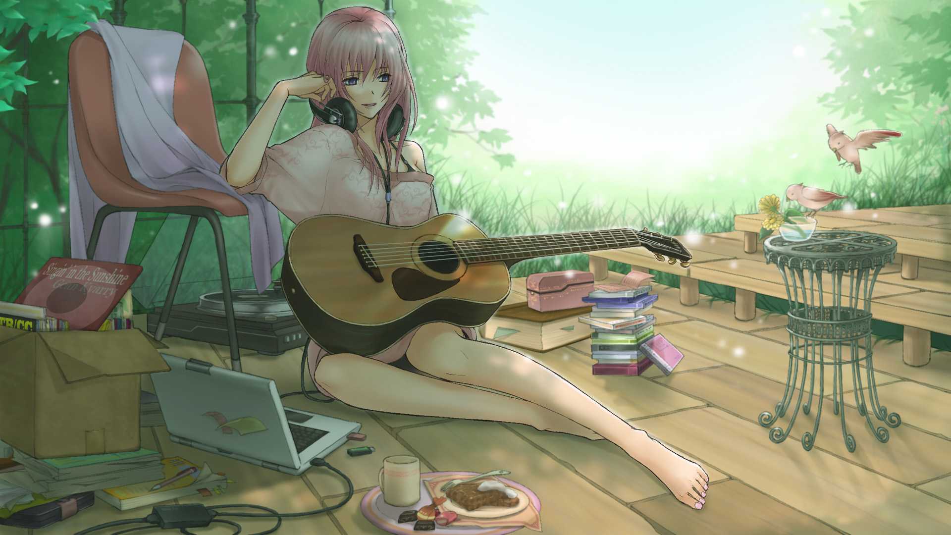 粉红色的头发,女生,赤脚,吉他,耳机,小鸟,壁纸