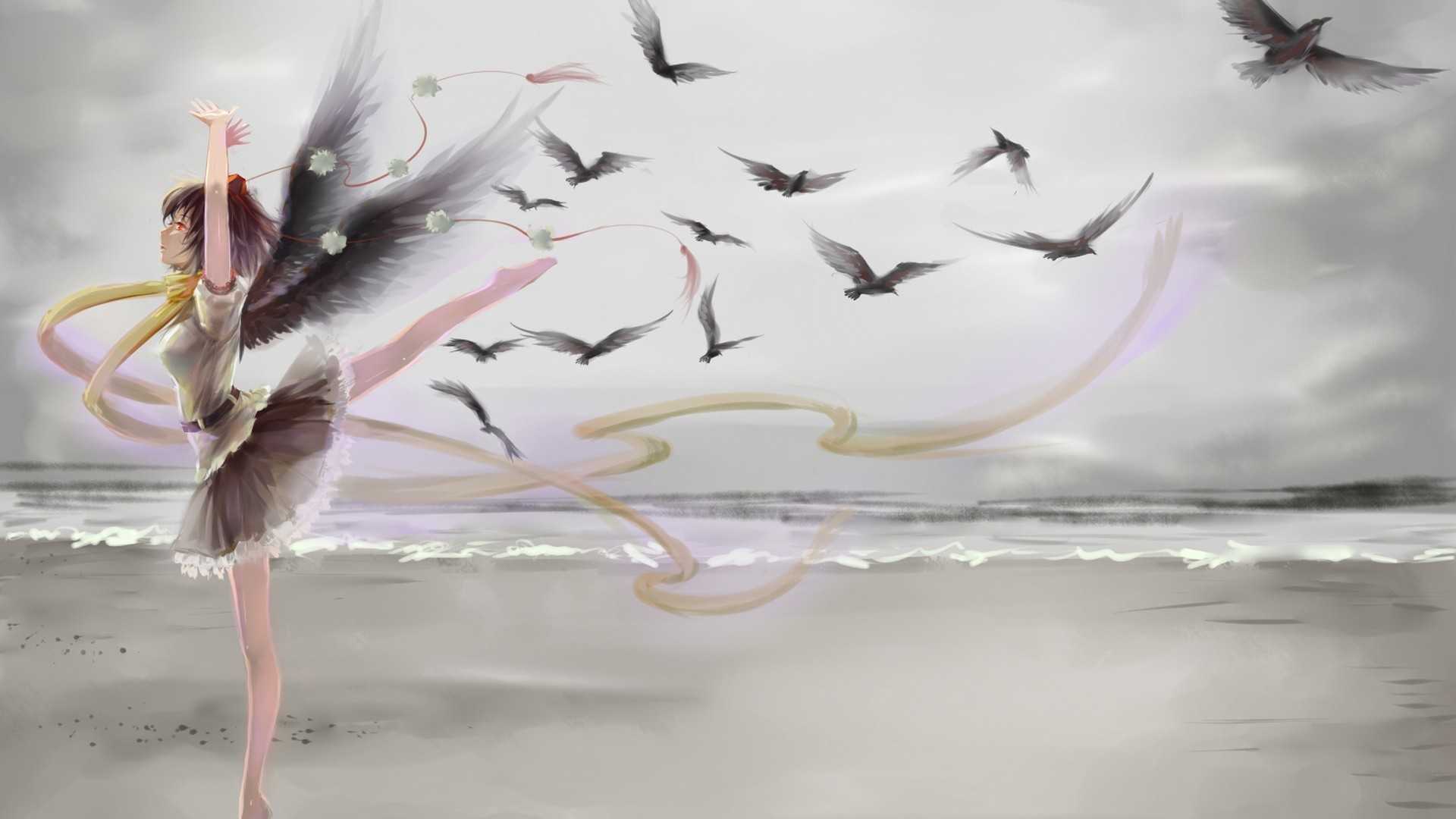 海边,女孩,天使翅膀,鸟儿,唯美动漫女生壁纸