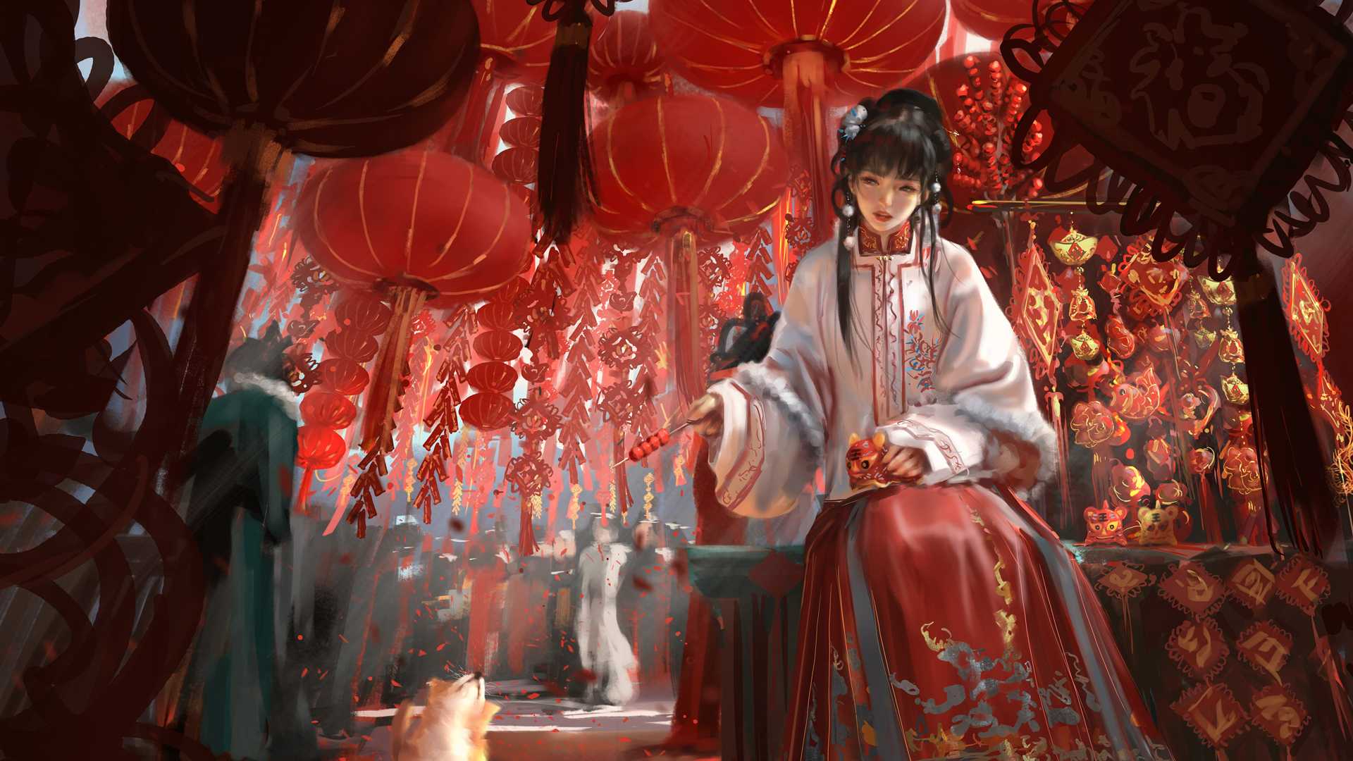 春节 灯笼 女子古装红色裙子 喜庆 中国风 