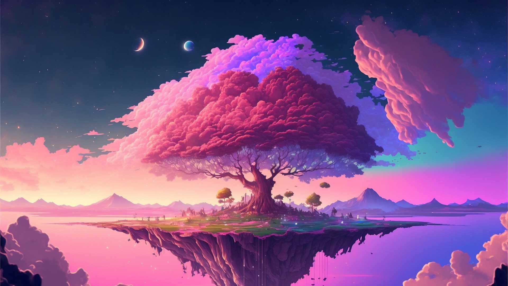 粉色的树木 岛屿 粉色云 树木 星星 月亮 唯美 动漫 风景 壁纸