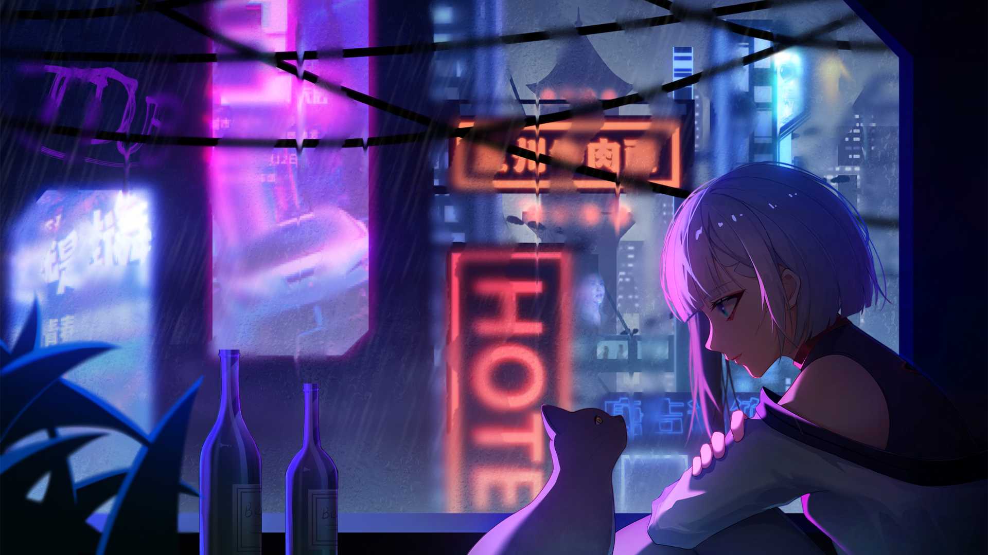 赛博朋克 动漫女孩 猫 雨 霓虹灯 城市灯光 瓶子 电脑高清壁纸