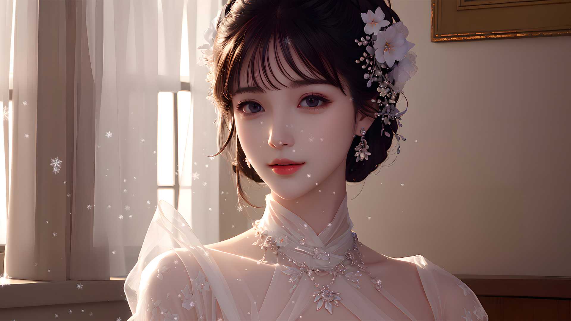 AI绘画 美女 新娘 头饰 白色婚纱裙子 高清动漫桌面壁纸