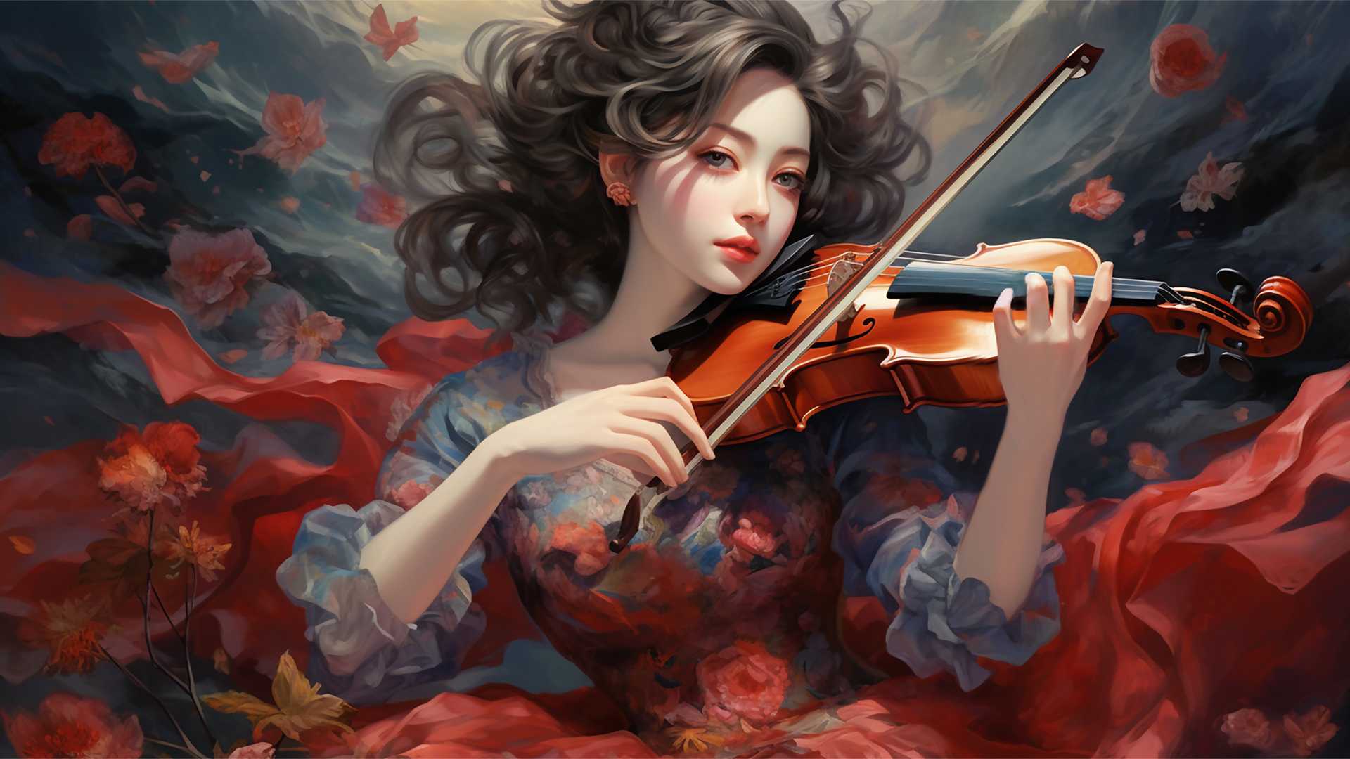 美女 小提琴 花瓣 唯美高清动漫美女壁纸