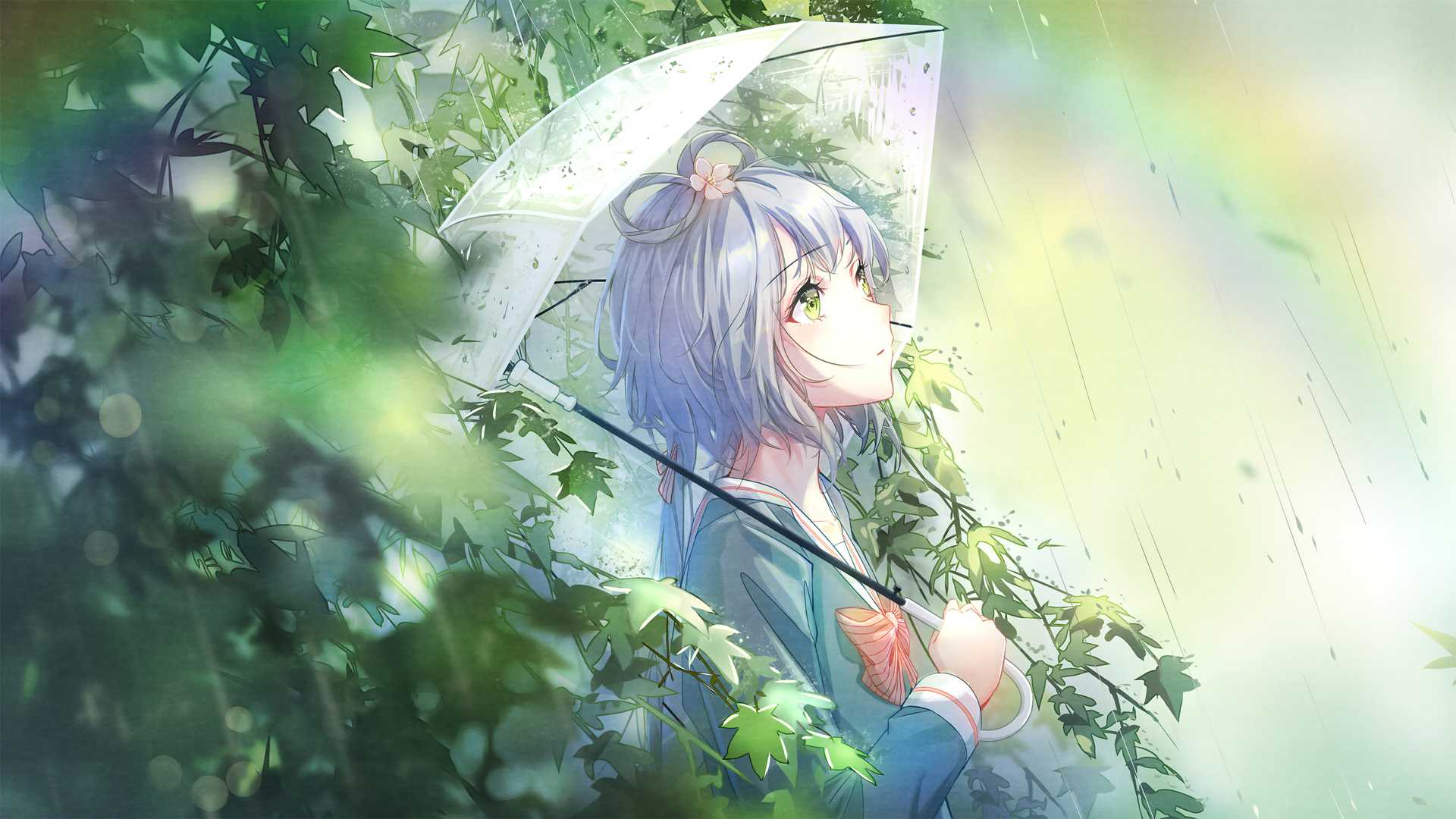 雨天 树林 女孩 伞 树叶 