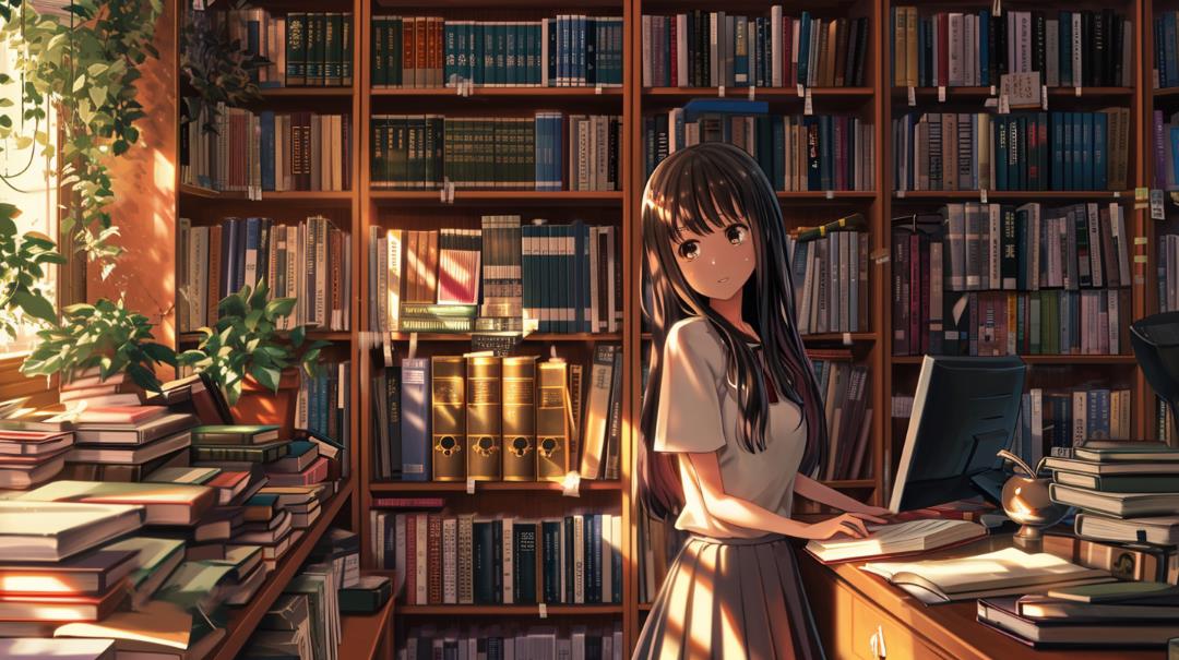 书房书架,女孩,微笑,动漫可爱壁纸