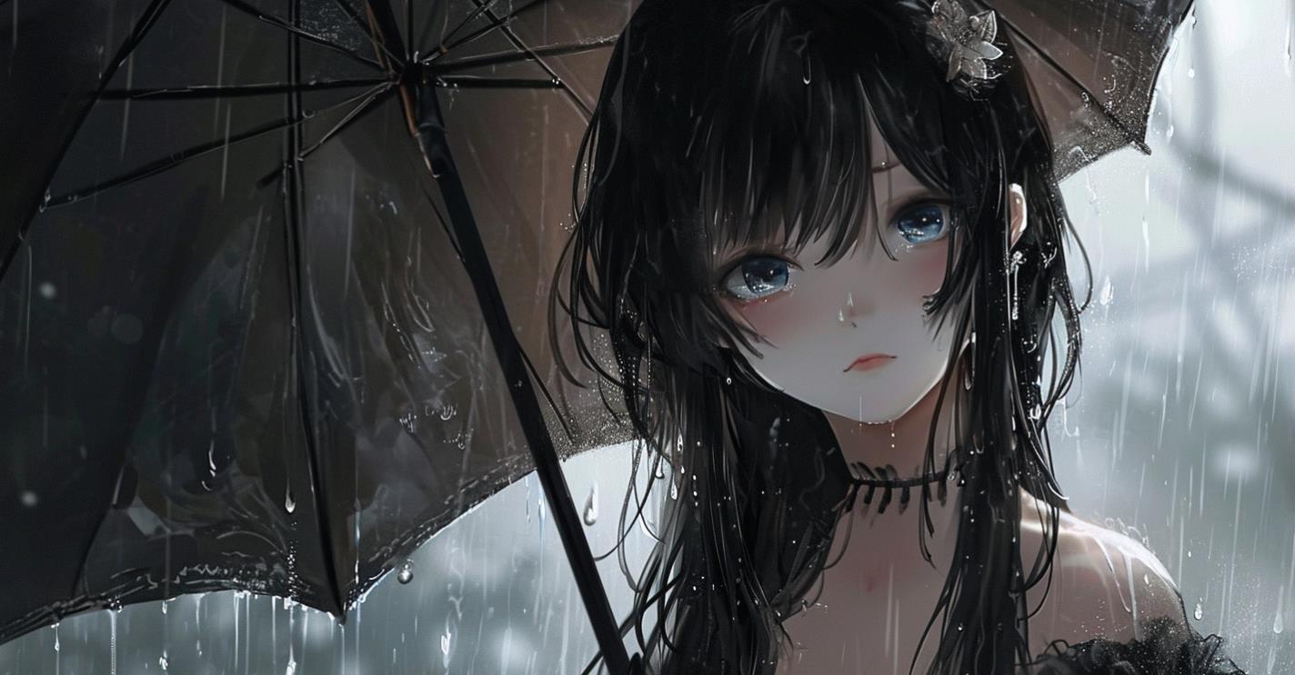 带伞的动漫女孩，下雨，漂亮的壁纸