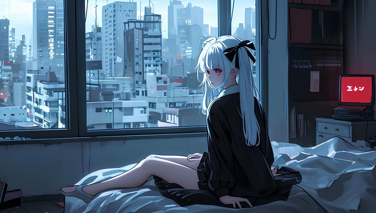 4K高质量 满头白发的黑衣大眼睛女孩坐在床上看着窗外