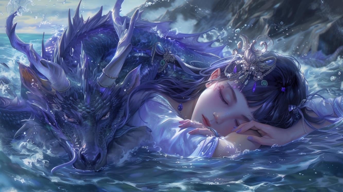 一个紫角女孩在水中睡觉，动漫艺术风格