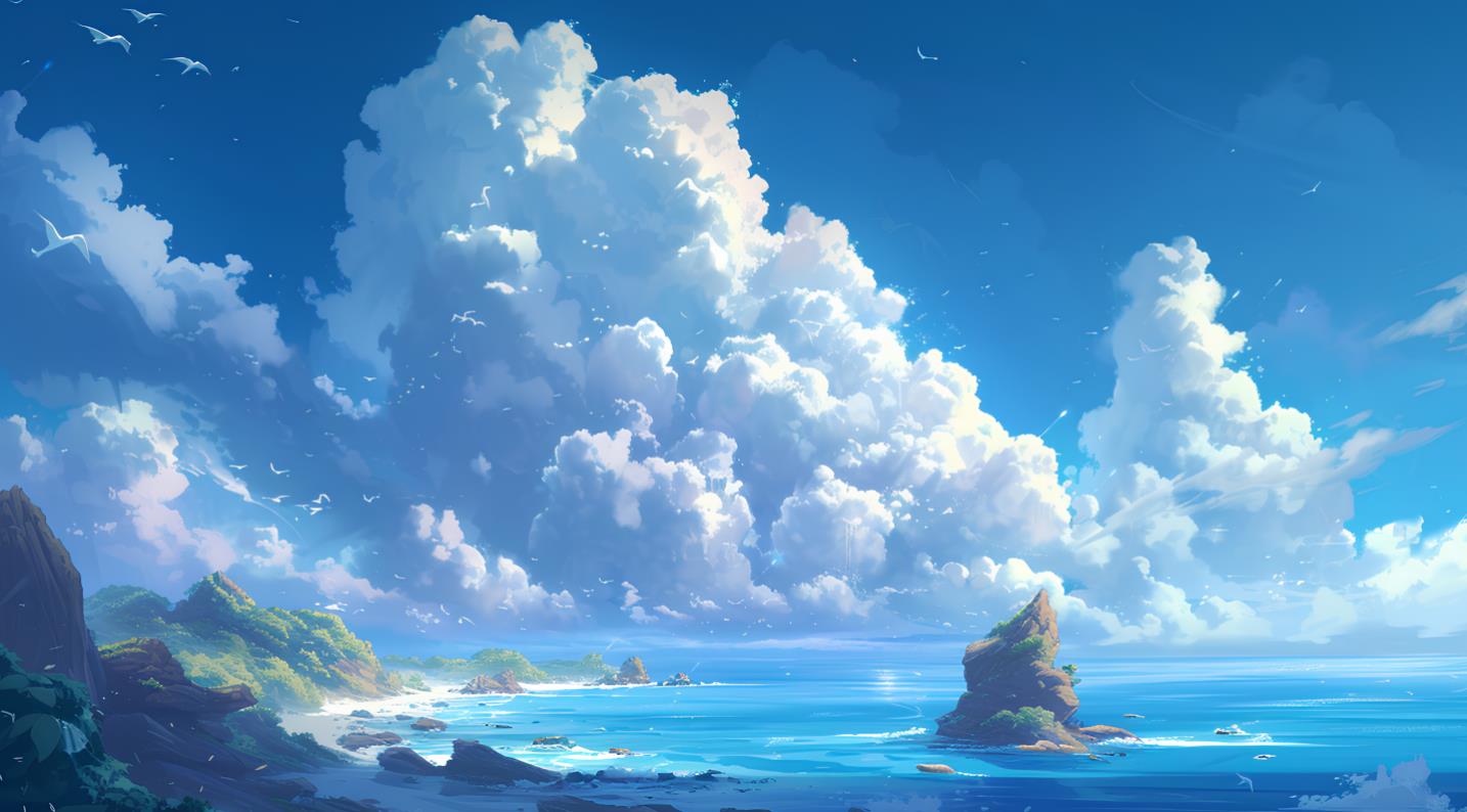 描绘了一个蓝色多云的天空和蓝色海景，以动漫的风格
