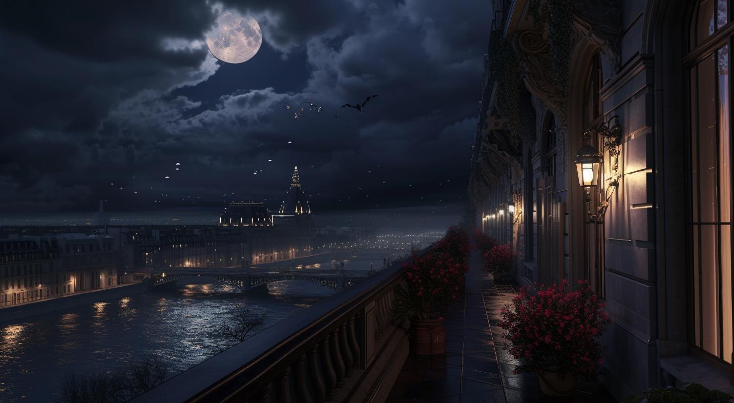 一张黑暗阳台上的夜空照片，巴黎的小插曲