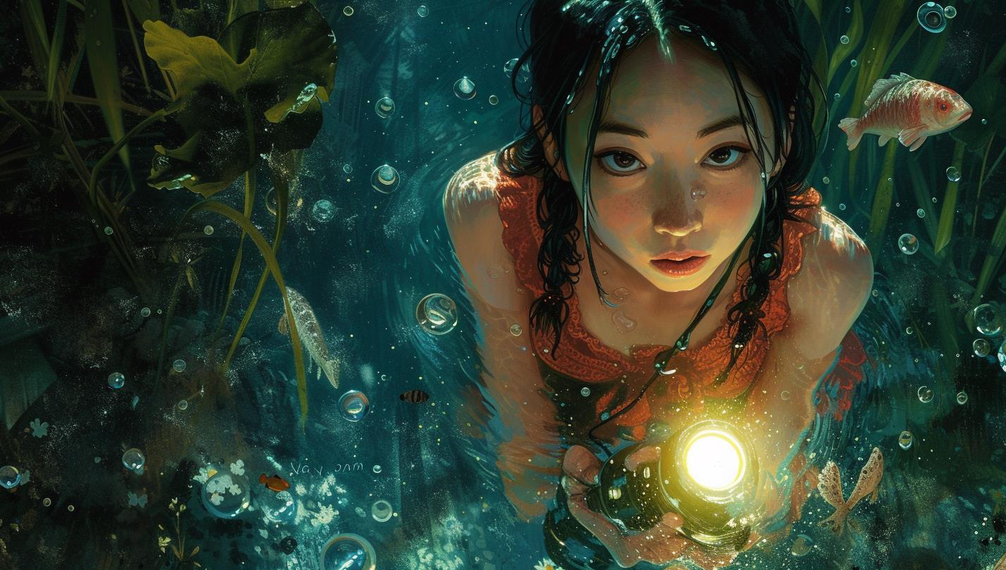 一个亚洲美女在水下场景中拿着手电筒称重，大眼睛