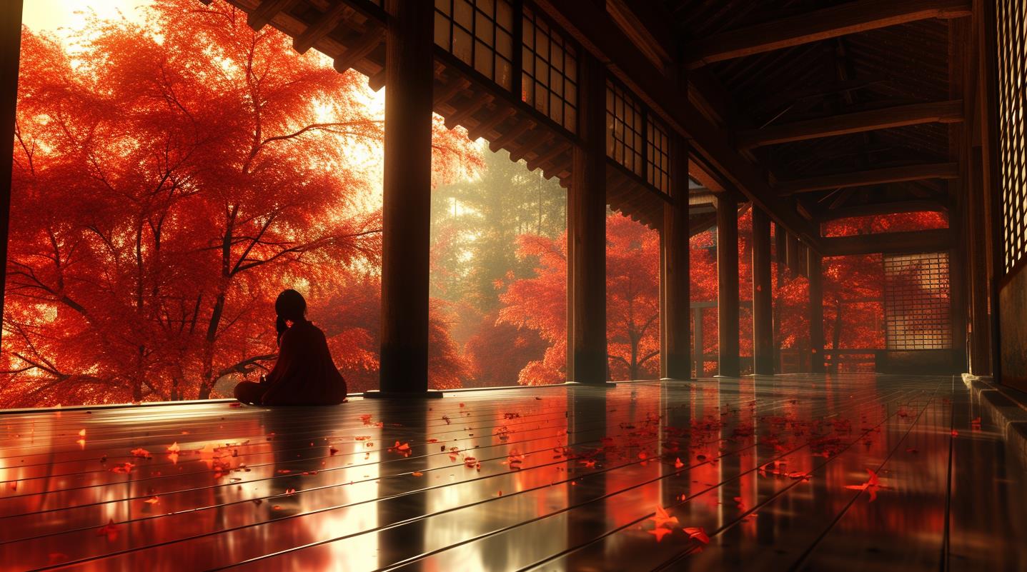 一个人站在木地板上看着红叶，这是日本风格的图像