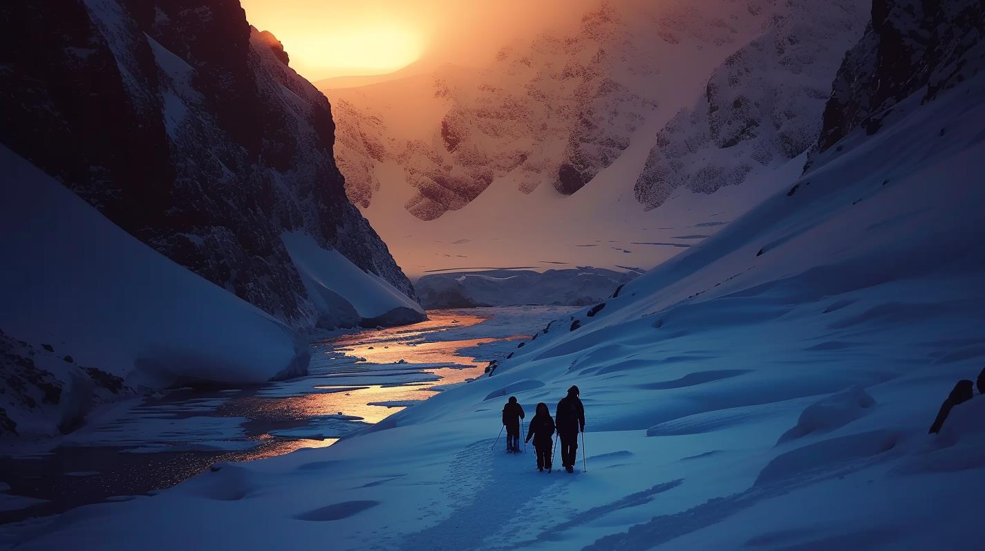 日落时在山上雪地里行走的人桌面背景