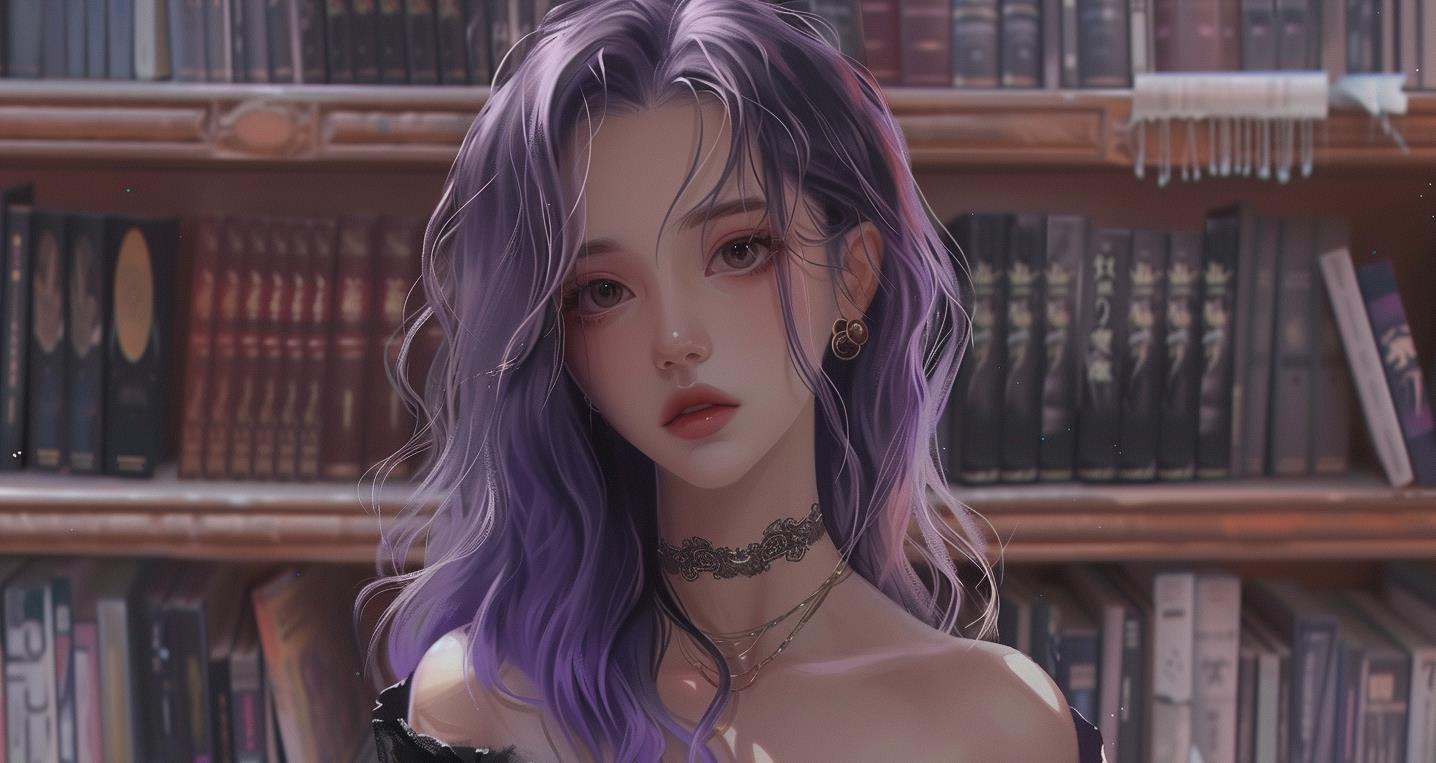 紫色头发的动漫女孩站在书架旁