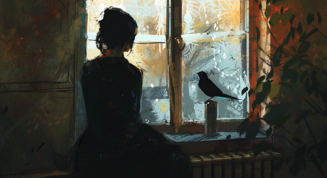 一个穿着黑色服装的女人坐在窗户旁边的图像