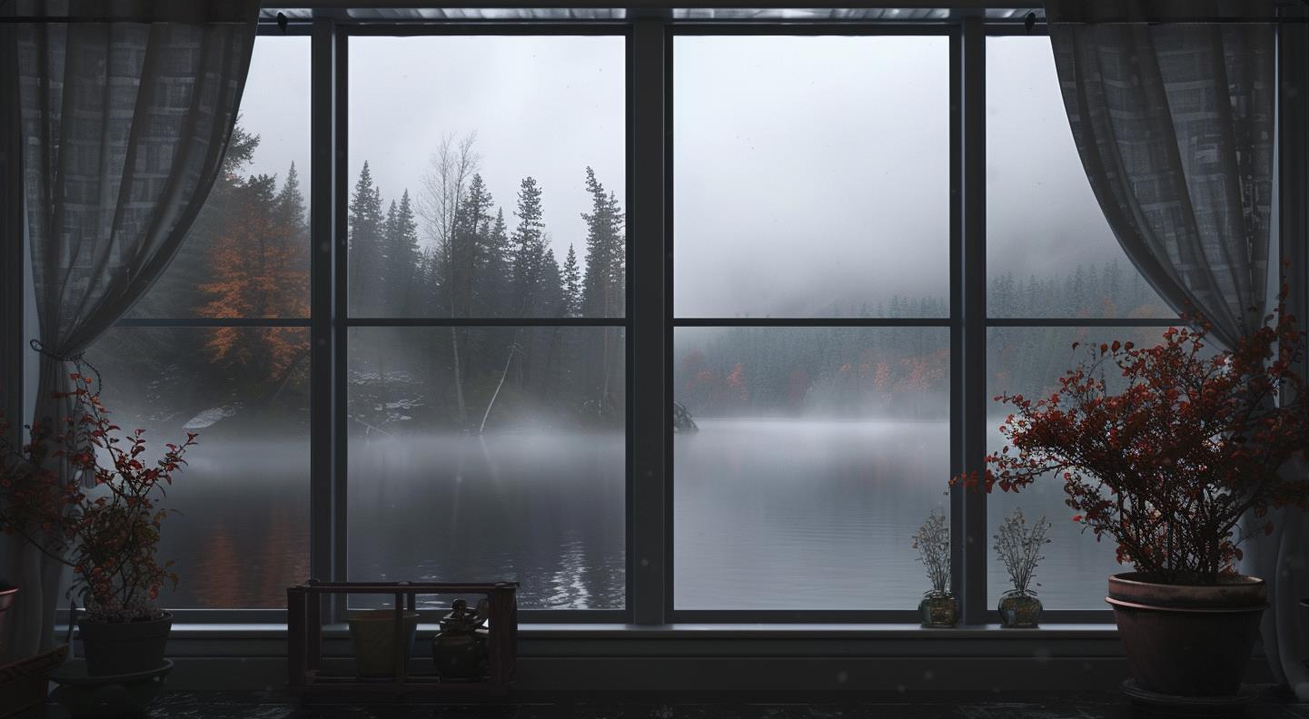 窗外的湖，树木和雾，深银色和深灰色的风格