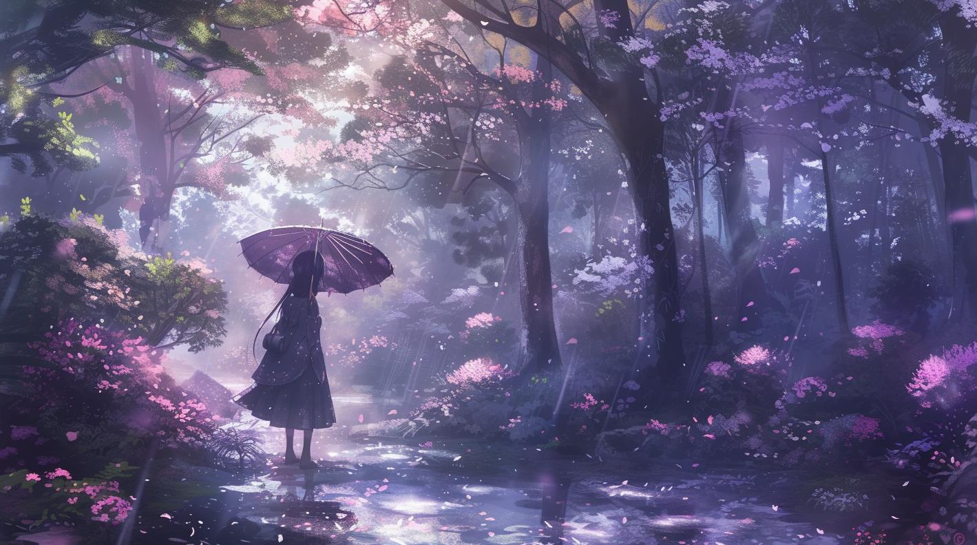 动漫女孩撑着伞穿过森林，风格复杂，精致的花朵和花园绘画
