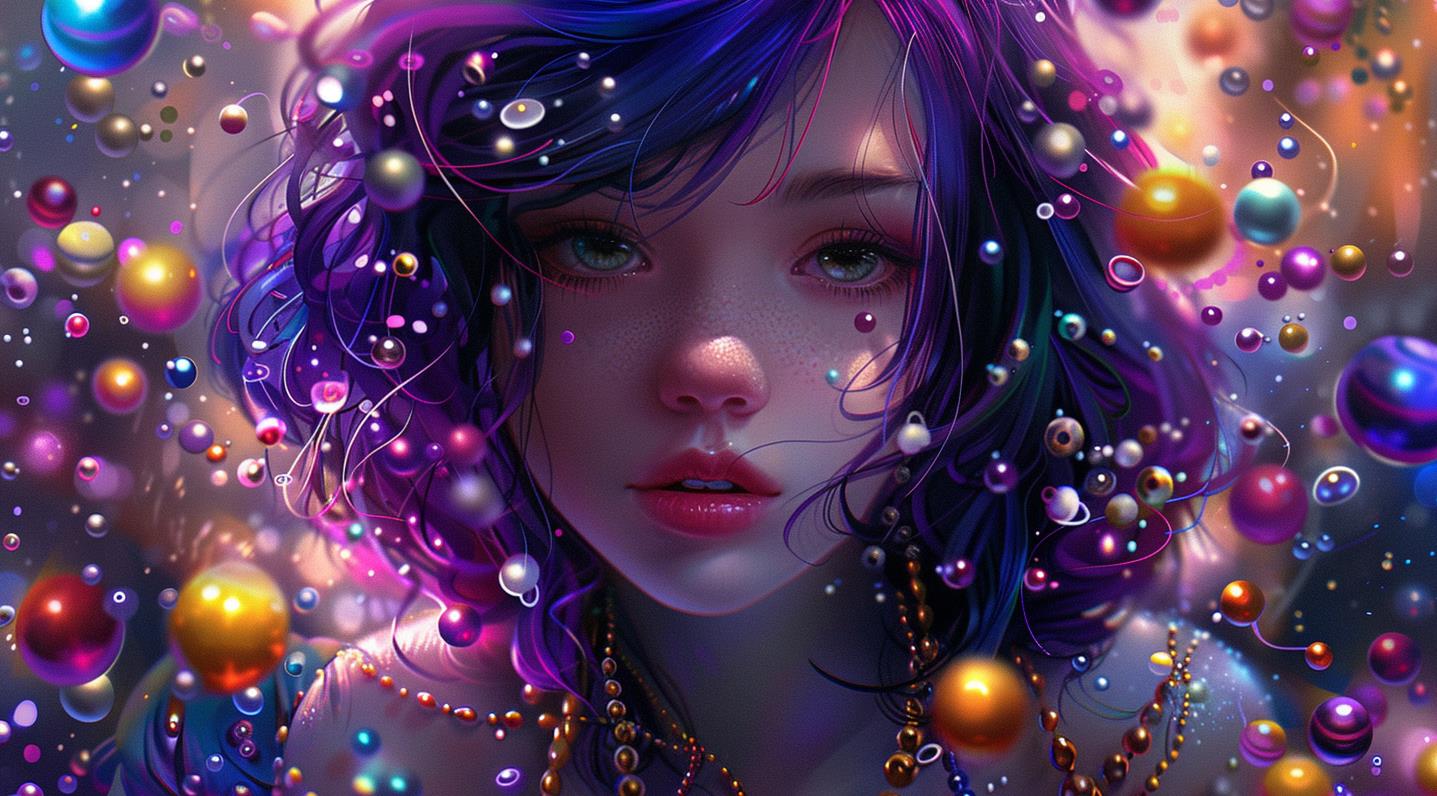 这个数字设计的特点是一个紫色头发的女孩，周围环绕着五颜六色的小珠子