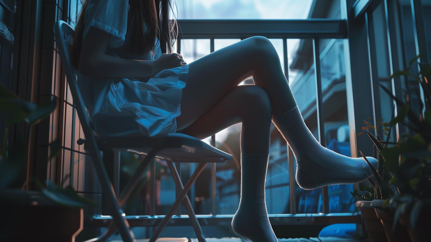 一个动漫女孩在阳台上的椅子上放松，采用细致的逼真静物风格