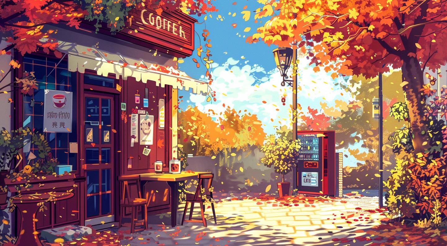 动漫高清，秋天的颜色，咖啡馆绘画
