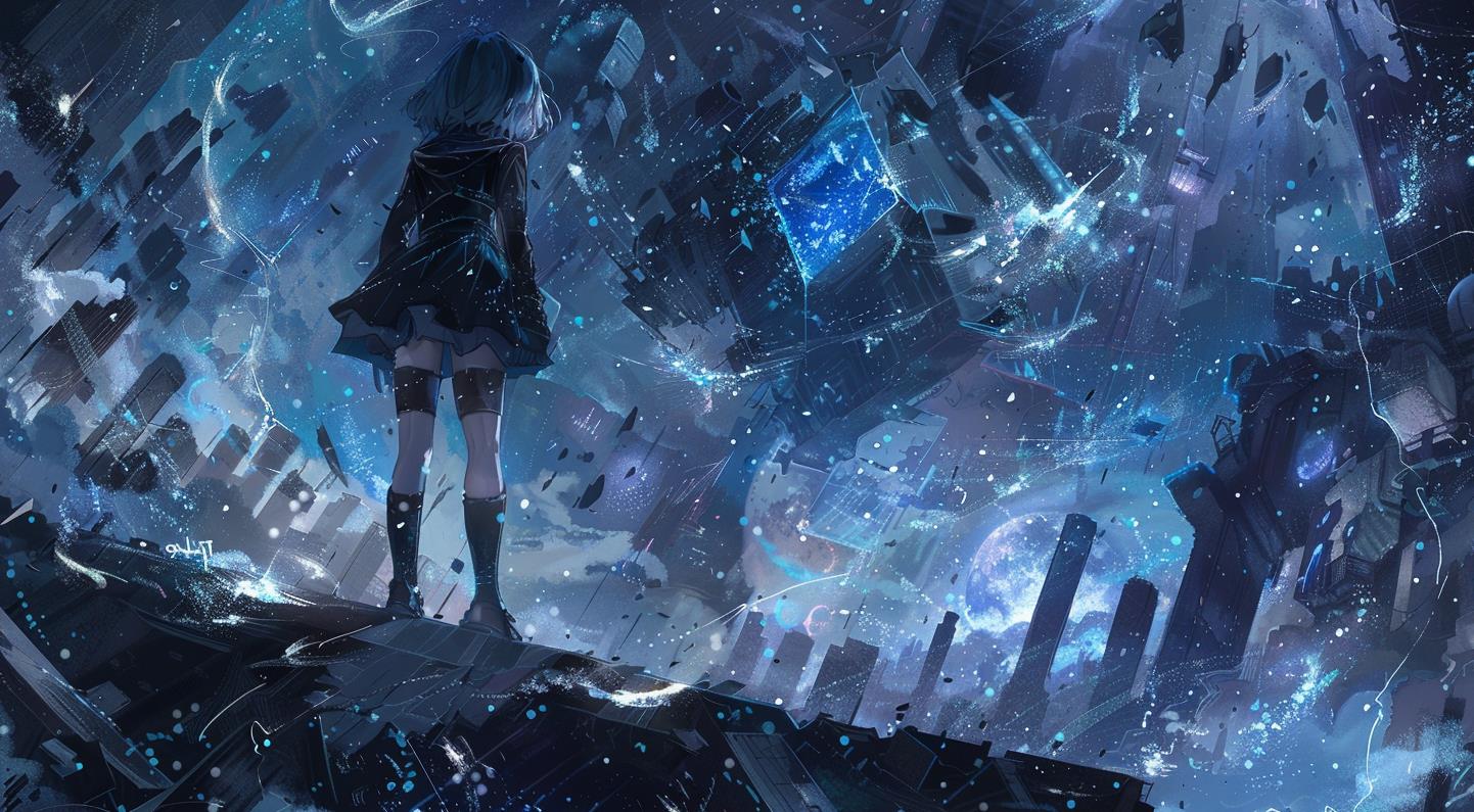 一个在太空中的动漫女孩，碎玻璃，深蓝色和浅蓝色的风格
