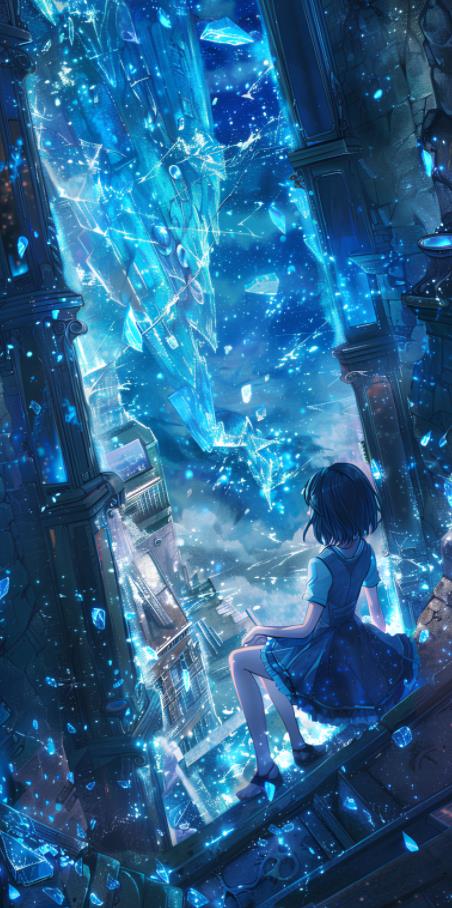 一个在太空中的动漫女孩，碎玻璃，深蓝色和浅蓝色的风格