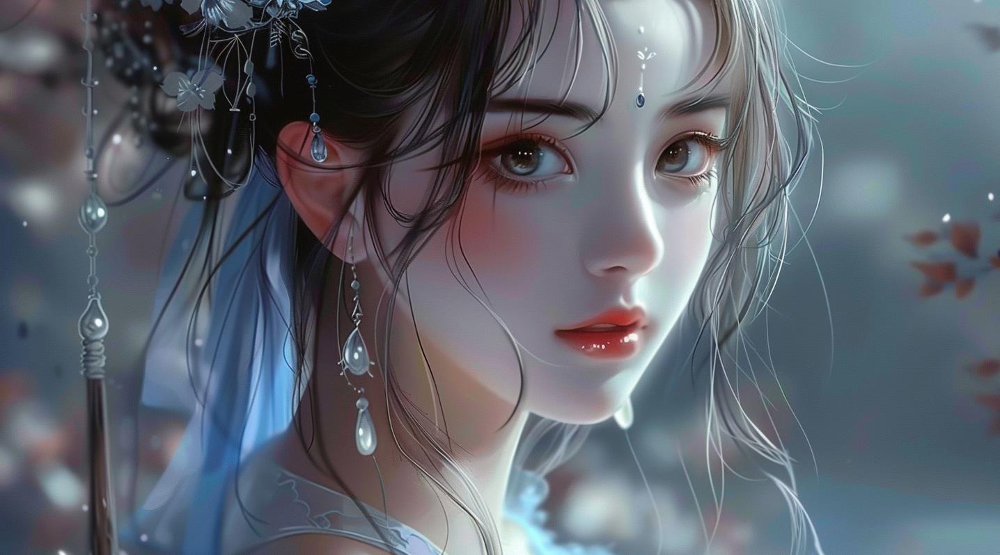 一位优雅的中国古风美女，眼睛明亮而有神，镶嵌在她灵动的面孔上